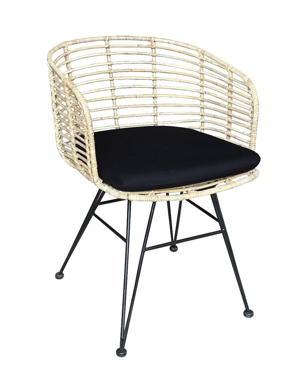 WOLF MÖBEL Esszimmerstuhl BALI Eisenstuhl CEKO Armlehne mit Rattan inkl Kissen schwarz (53x58x78), BALI Eisenstuhl CEKO Armlehne mit Rattan inkl Kissen schwarz