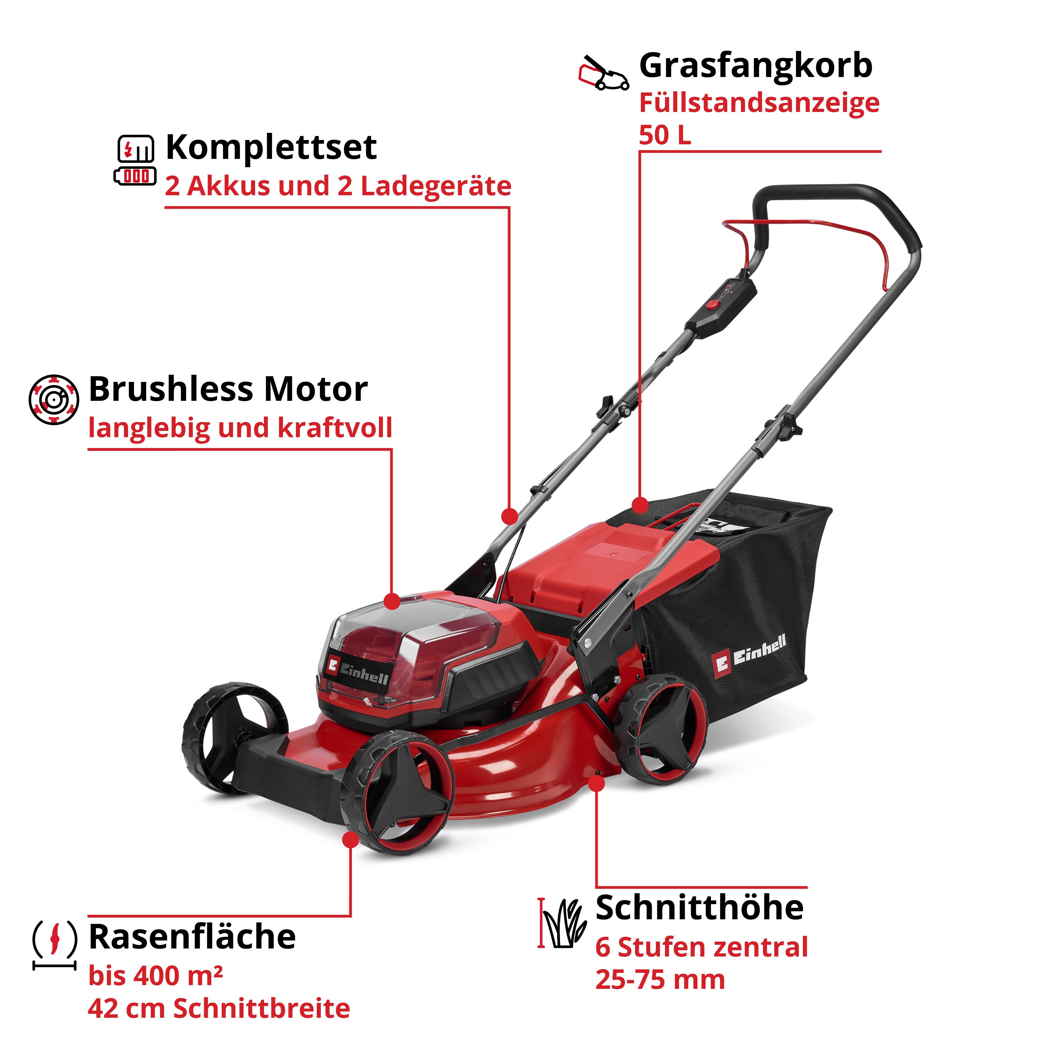 Einhell Akkurasenmäher GC-CM 36/42 Li BL (2x4,0Ah), 42 cm Schnittbreite, Inkl. Akku und Ladegerät