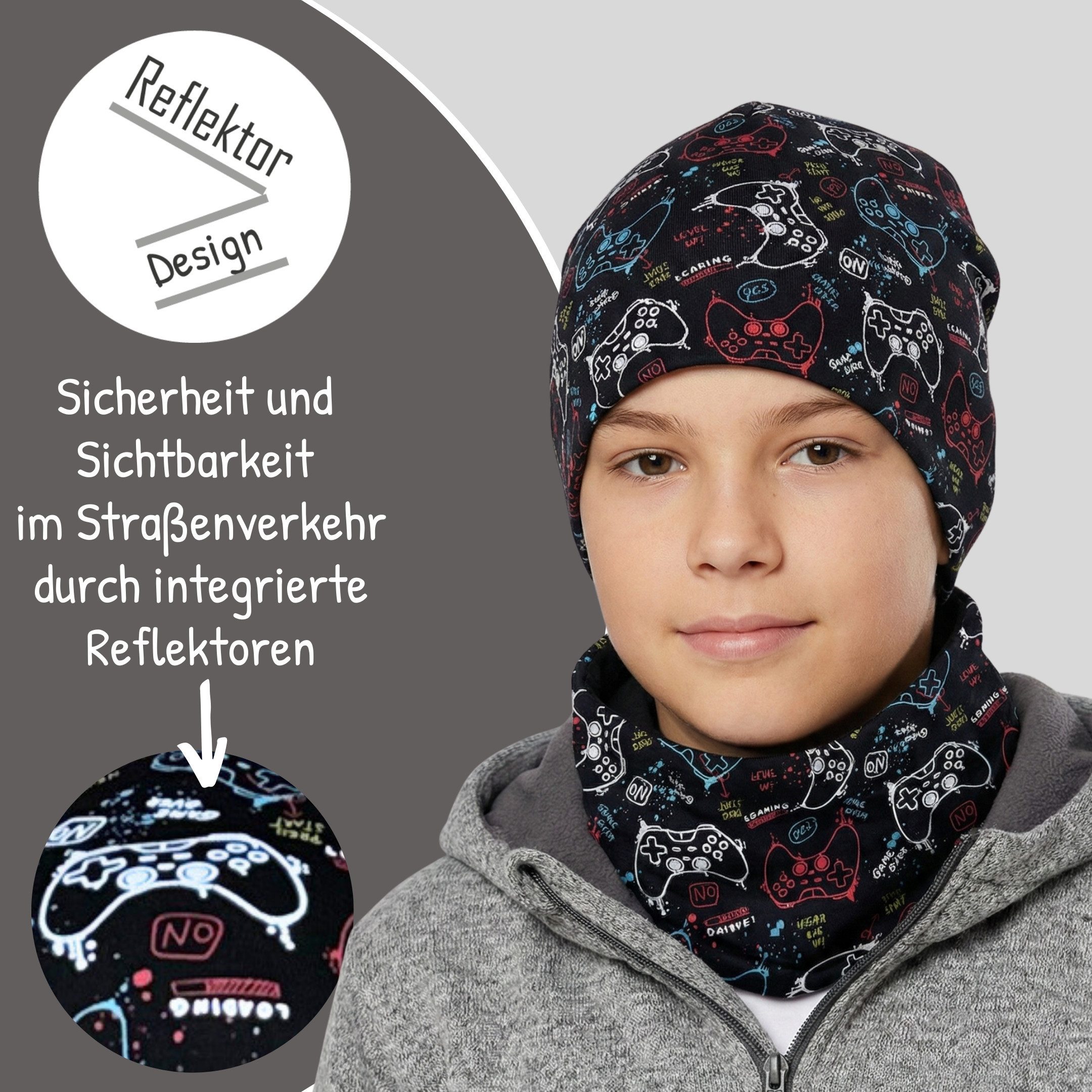 HECKBO Beanie 360° Reflektor Kinder Beanie Mütze & Loop Schal Set – Bild 3 von 5