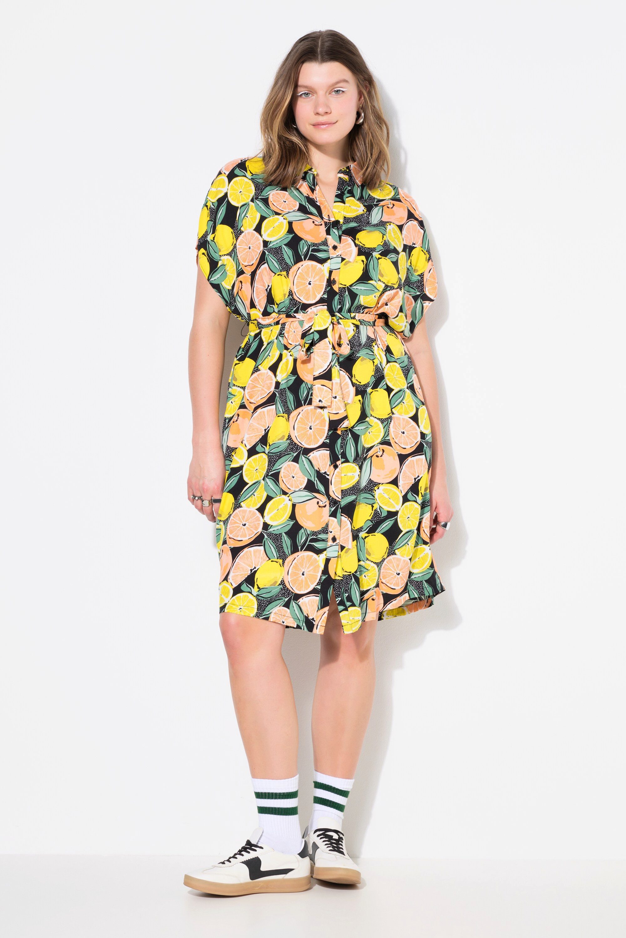 Studio Untold Hemdblusenkleid Hemdblusen-Midikleid Fruits-Print Bindegürtel günstig online kaufen