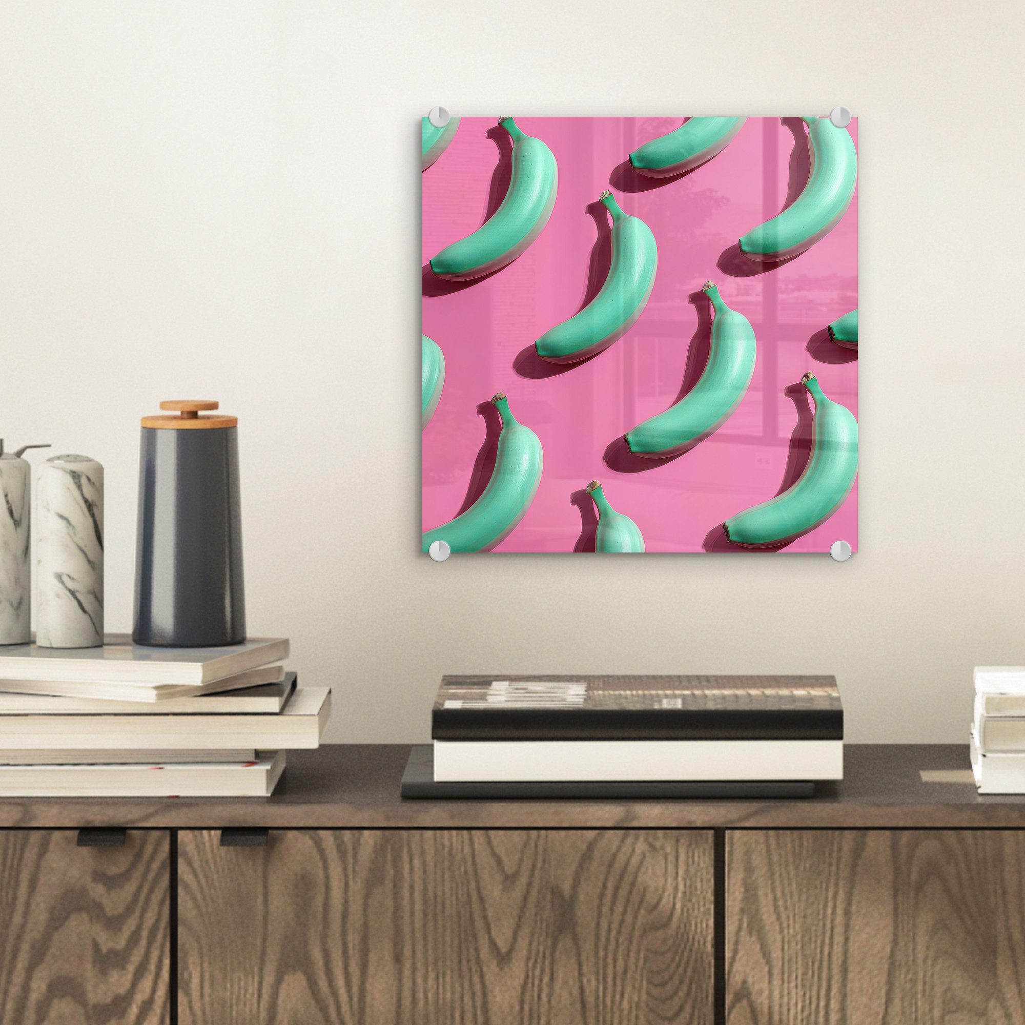 MuchoWow Acrylglasbild Bananen - Muster - Blau - Rosa, Inkl. Aufhängung, Bilder auf Glas Wandbild, Wanddeko Wohnzimmer Badezimmer, 20x20 cm