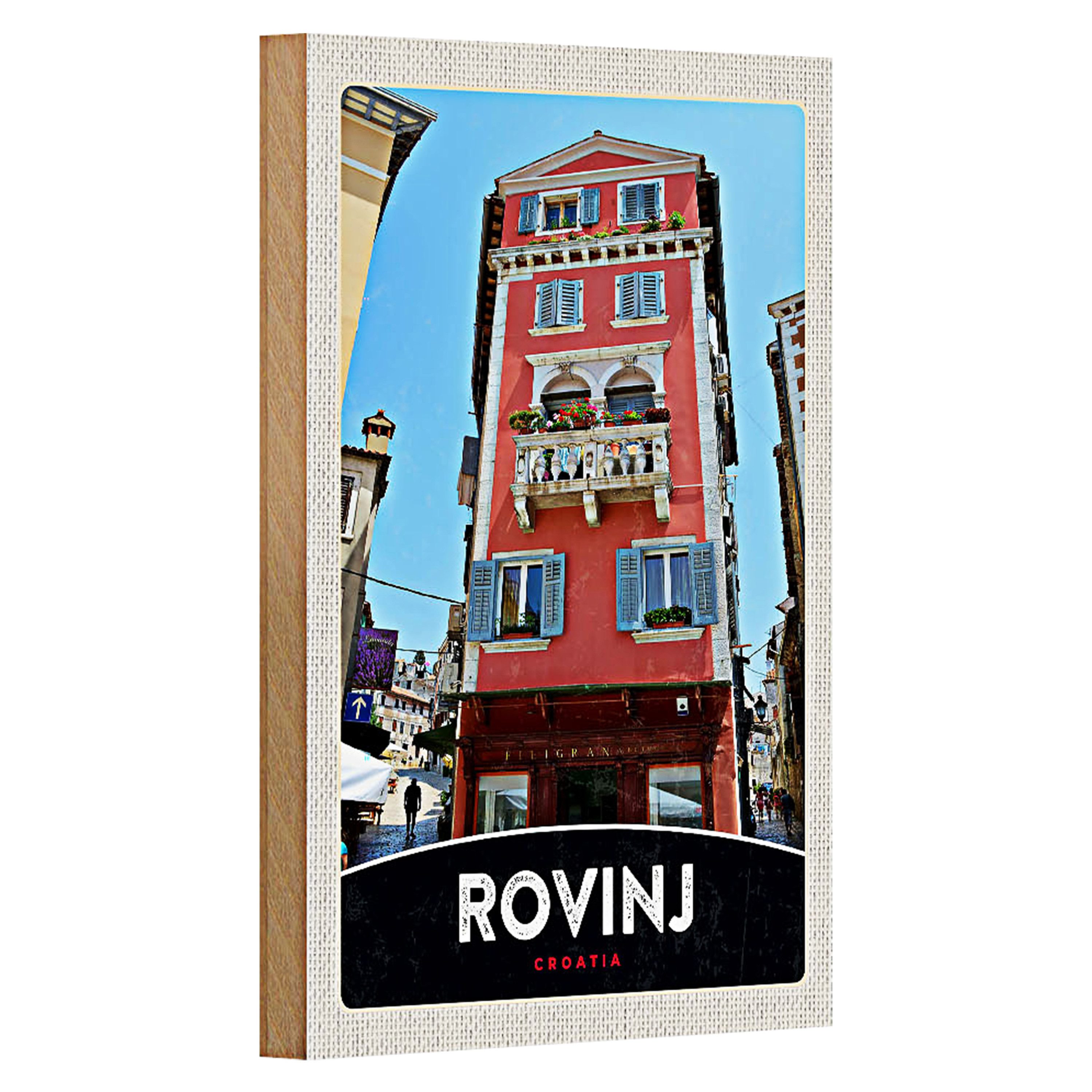 Roomando Holzbild Reise 12x18cm Rovinj Kroatien Haus rot Blumen