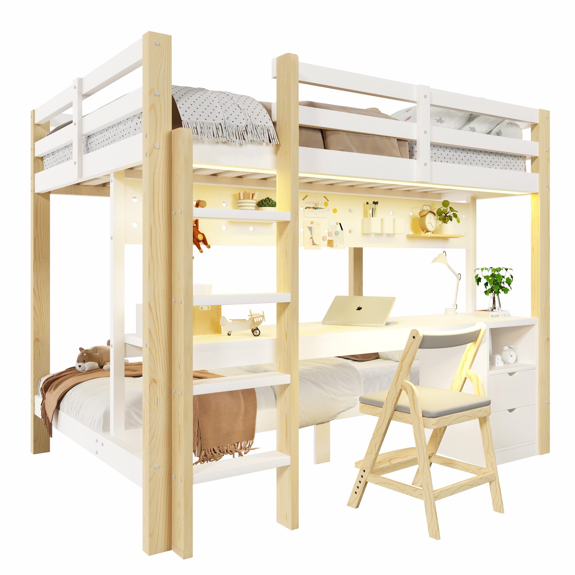 SOFTWEARY Etagenbett mit Schreibtisch und LED-Beleuchtung (140x200 cm/90x200 cm, mit Lattenrost, Wandgitter, Schubladen, Trittleiter und Regal), Kinderbett mit Rausfallschutz, Kiefer