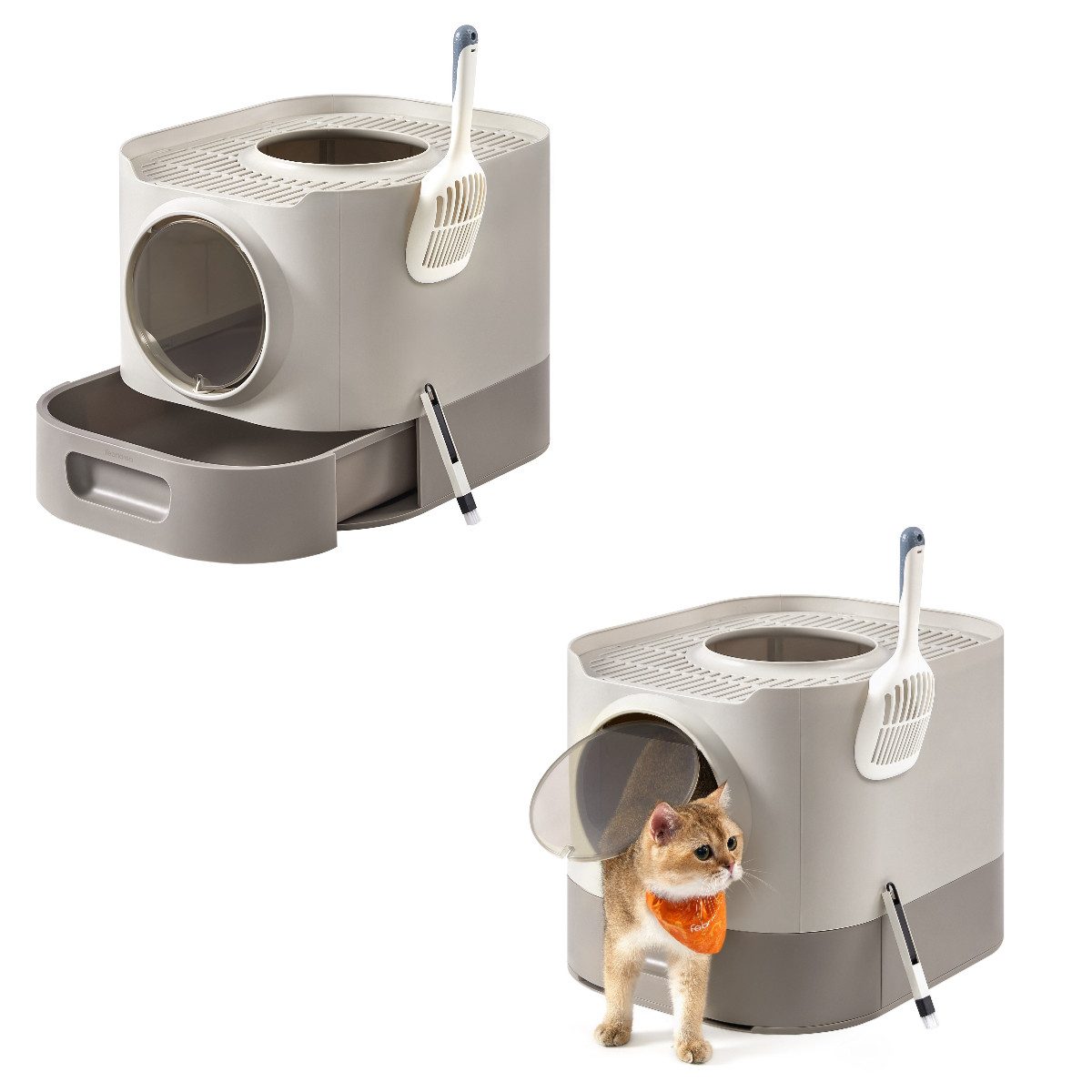 FEANDREA Katzentoilette Katzenklo 1 er / 2er Set, XXL, mit Deckel, ausziehbares Tablett, Schaufel, Bürste