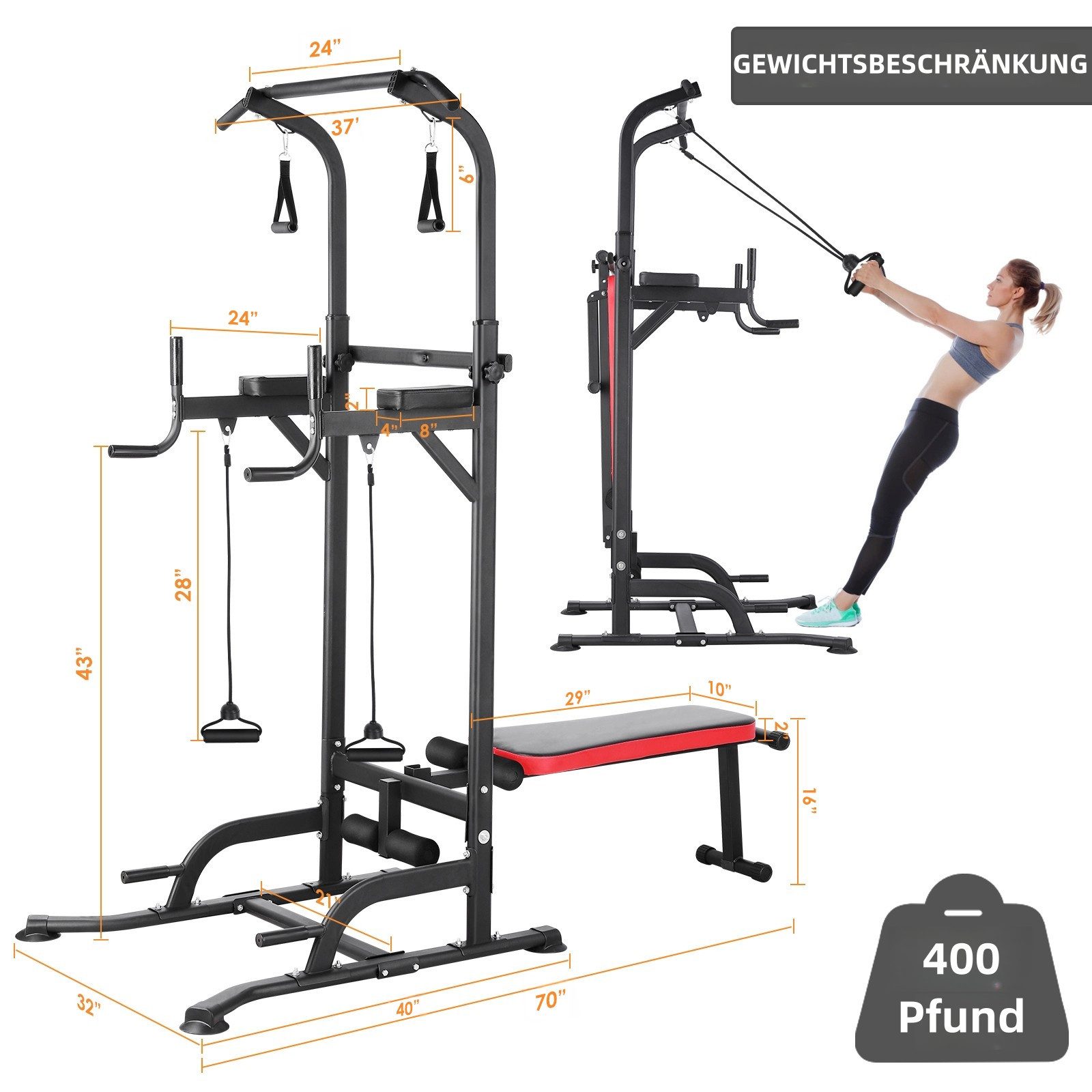 TLGREEN Kraftstation Multifunktionale Kraftturm mit klappbarem Hantelbank, (Klimmzugstange für Krafttrainingsgeräte für Heim-Fitnessstudio, inkl. Trainingsbänder, höhenverstellbar 181 - 234 cm, Ladekapazität bis zu 200KG)
