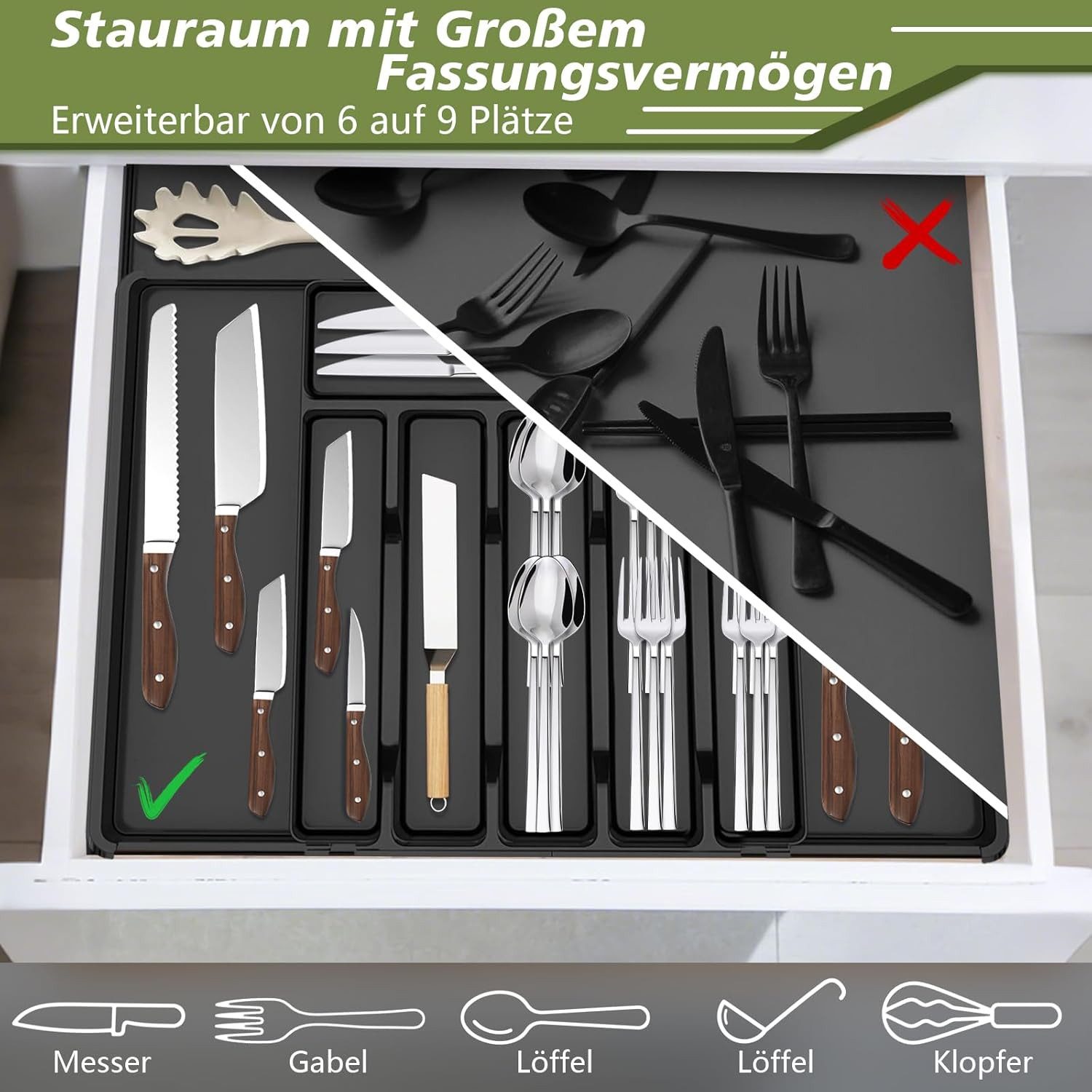 Refined Living Organizer Ausziehbarer Besteckkasten Besteckhalter Flexibler Besteckeinsatz (Breite von 30 auf 53 cm Erweiterbar Schubladeneinsatz Besteckorganizer, 1 St., Schubladen Organizer Küchen Organizer Schubladen-Utensilien-Organizer), Verstellbarer Besteckkasten für Schubladen Besteck Spoon Gabeln Messer