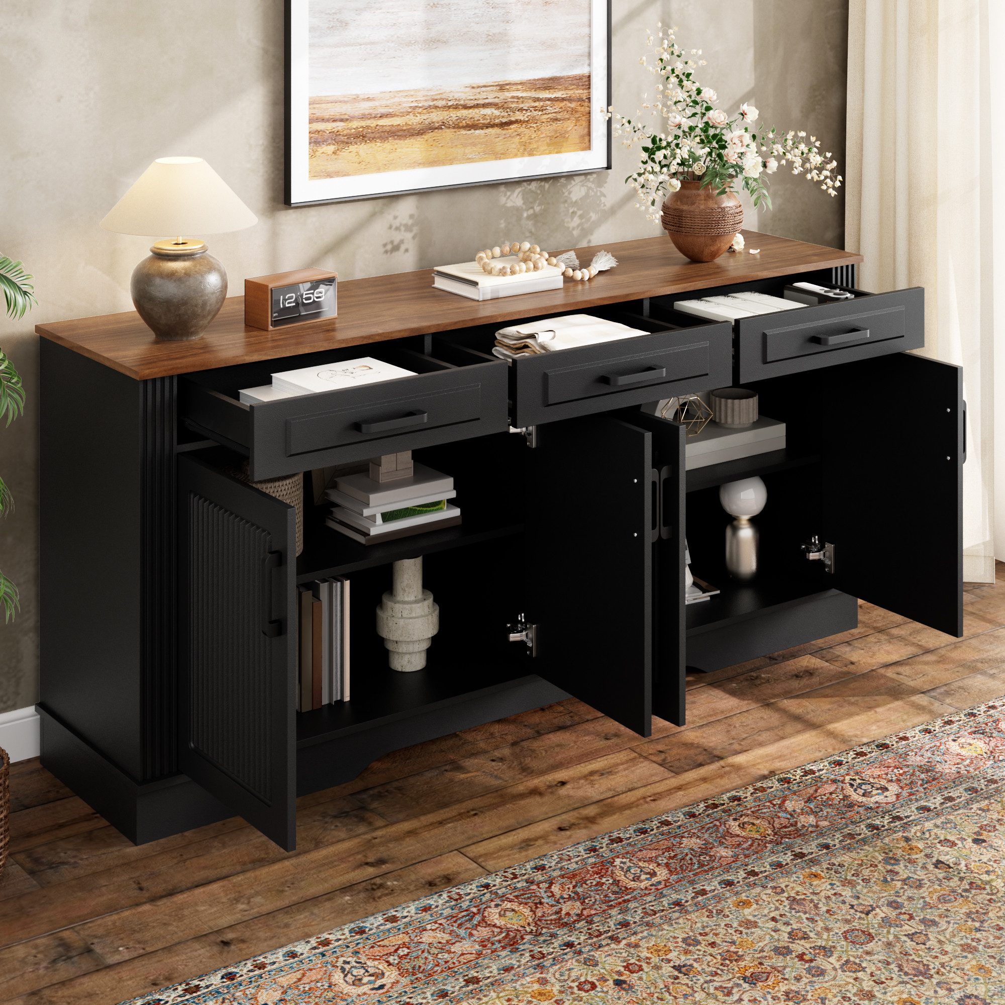 Merax Sideboard mit 3D vertikalen Rillen, Wohnzimmerschrank Schrank (1 St), Kommode mit 3 Schubladen, 4 Türen & Stauraum, 160x40x75cm
