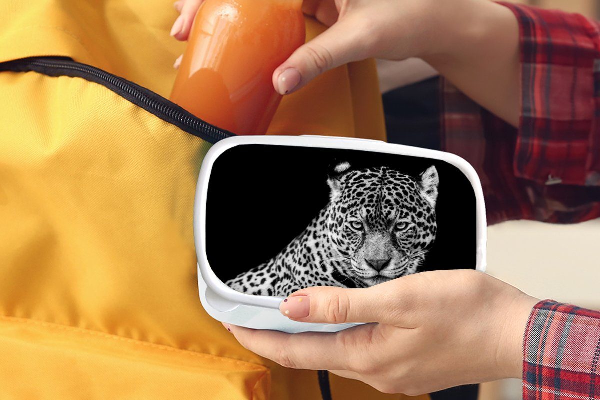 Erwachsene, Mädchen und Kinder - Tiere Weiß Lunchbox Leopard - (2-tlg), Jungs - und Brotdose, Kunststoff, für Brotbox - Schwarz für Porträt, MuchoWow