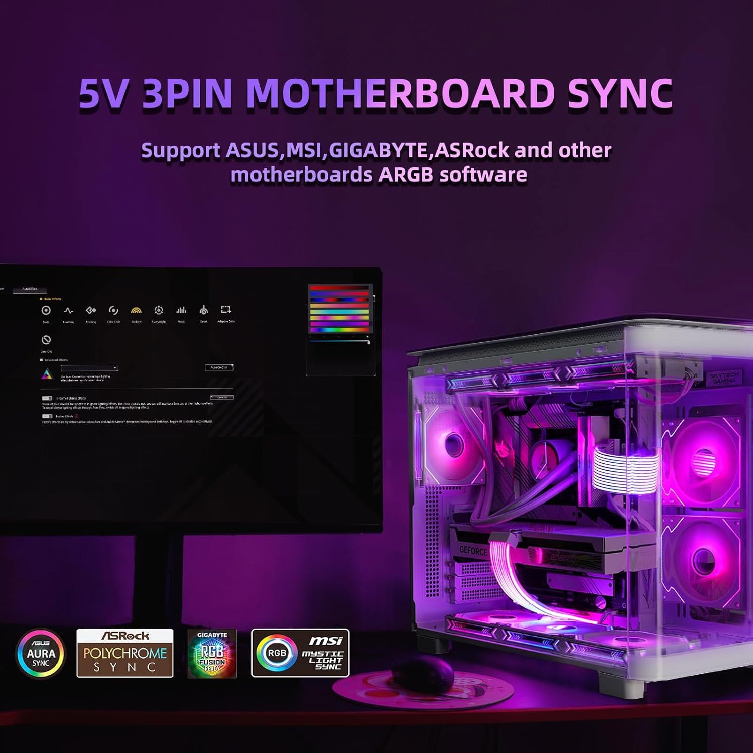Athlix LED Lichtleiste RGB PSU Kabel für Gaming PC, LED Streifen ARGB PC Kabel Abdeckung, LED fest integriert, 24-polige ATX-Netzteilkabel, 80 LEDs – Bild 4 von 5