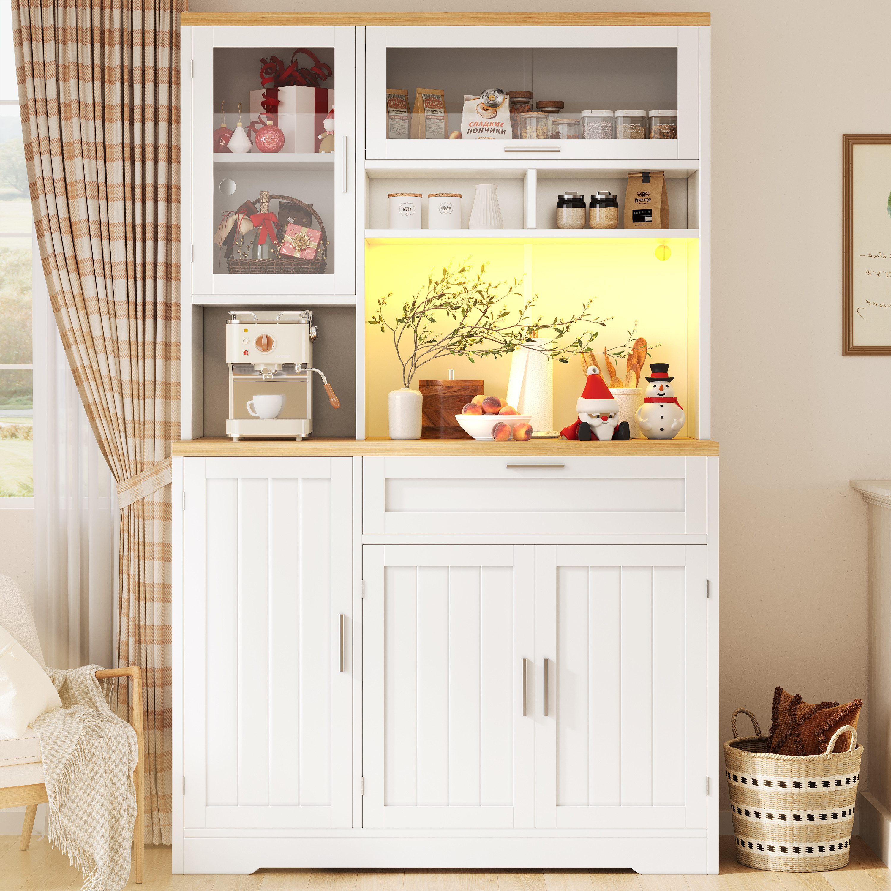 i@home Küchenbuffet Küchenschrank Hochschrank mit LED-Beleuchtung (ergonomische Arbeitshöhe 90 cm, App-Steuerung) Vitrine für Küche & Wohnzimmer