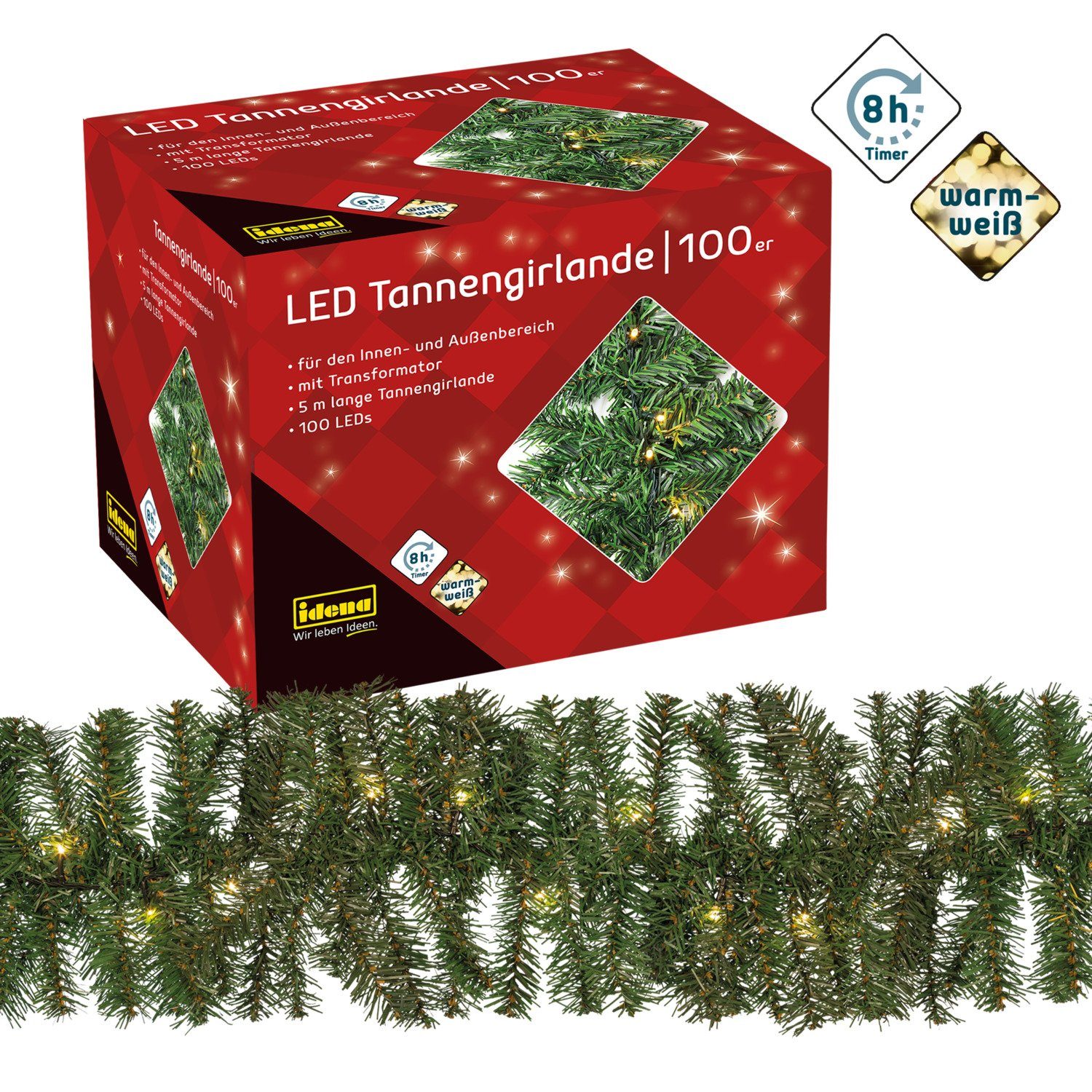Idena LEDGirlande 100er Tannengirlande, mit Lichterkette, warmweiß, 5