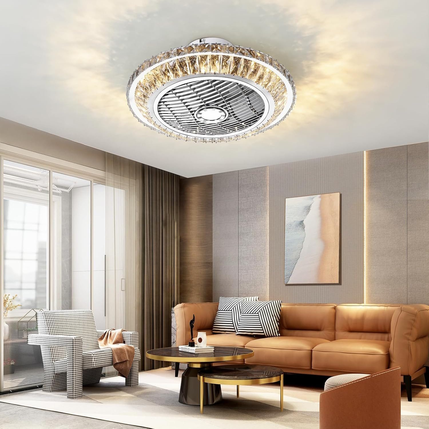 RRBEST Deckenventilator LED Deckenventilator, Leise Kristall Ventilator Kronleuchte, 72W Moderne Fan Deckenlampe mit Fernbedienung