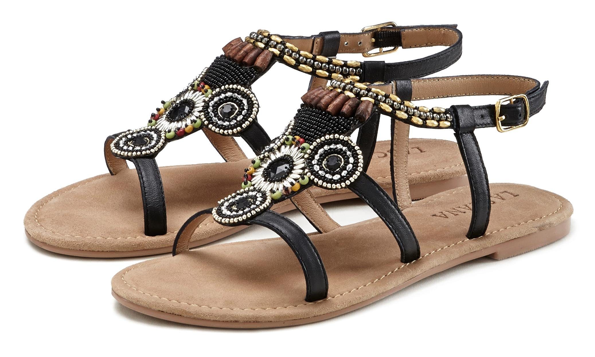 LASCANA Sandale Sandalette, Sommerschuh aus Leder mit Steinchen in Glitzer-Optik