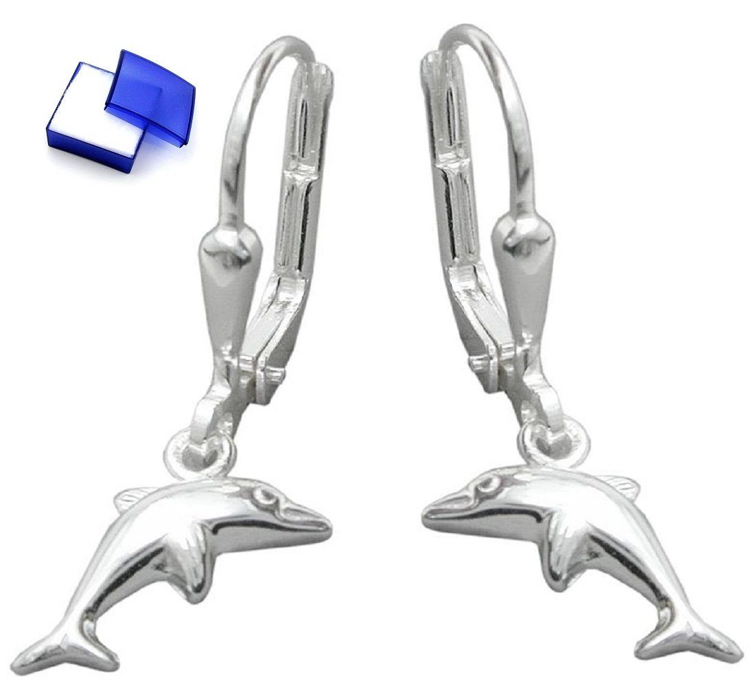 unbespielt Paar Ohrhänger Ohrringe Delfin glänzend 925 Silber 25 x 7 mm inkl. Schmuckbox, Silberschmuck für Kinder