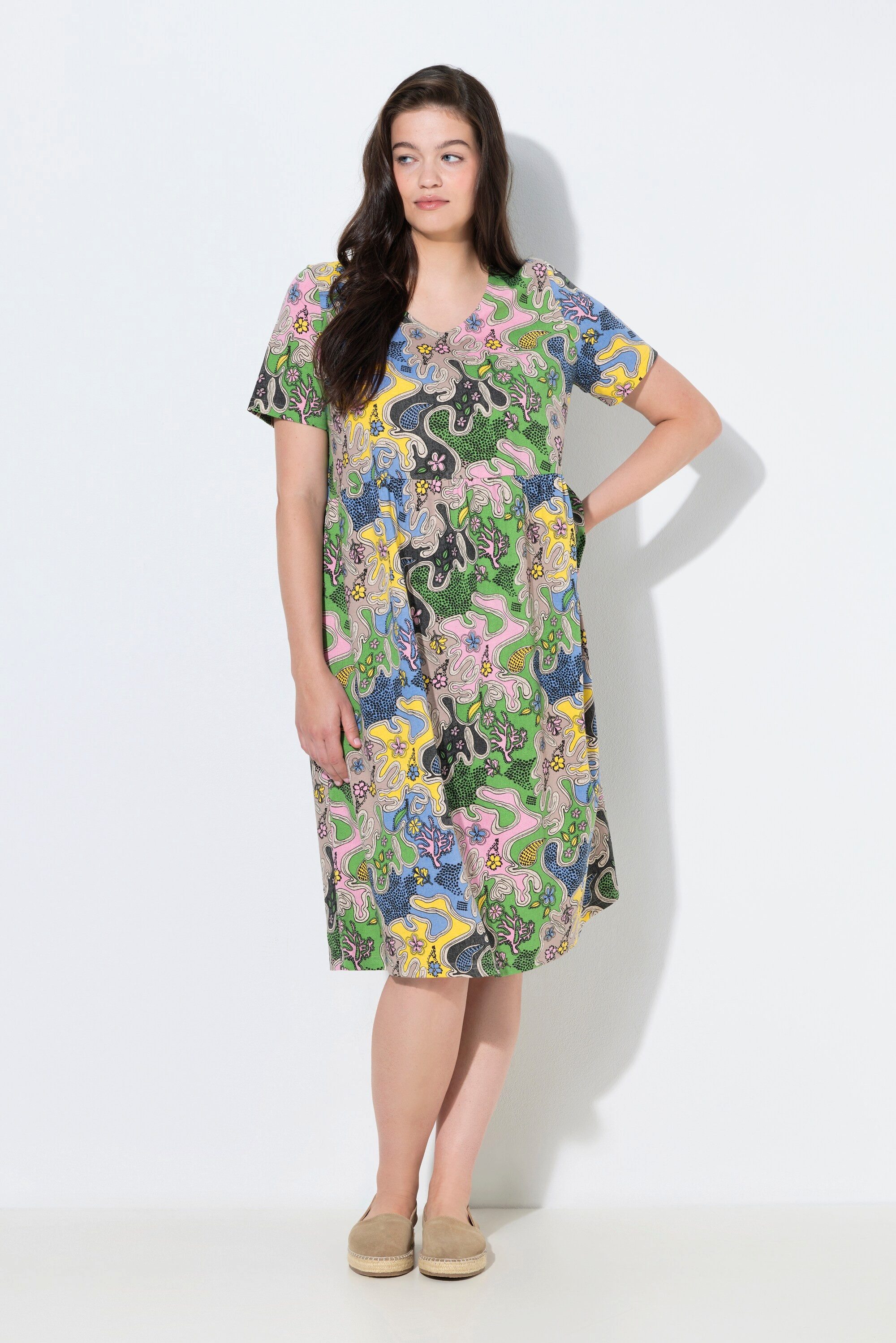Midikleid Midikleid Blüten Rundhals Halbarm Biobaumwolle