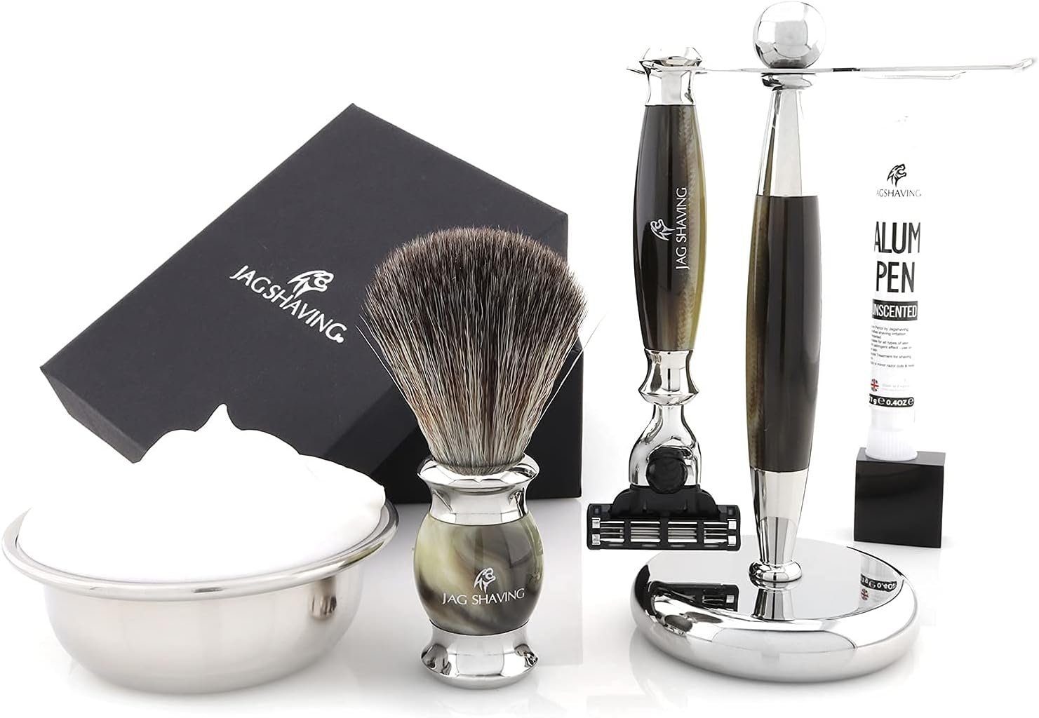 JAG SHAVING Rasierset 6-teiliges Rasierset für den täglichen Privatgebrauch, 6-tlg., Gillette Mach 3 Rasierer, Dachsbürste, Halter, Seife + Schüssel, Alaun, made of rasin mattiral premium
