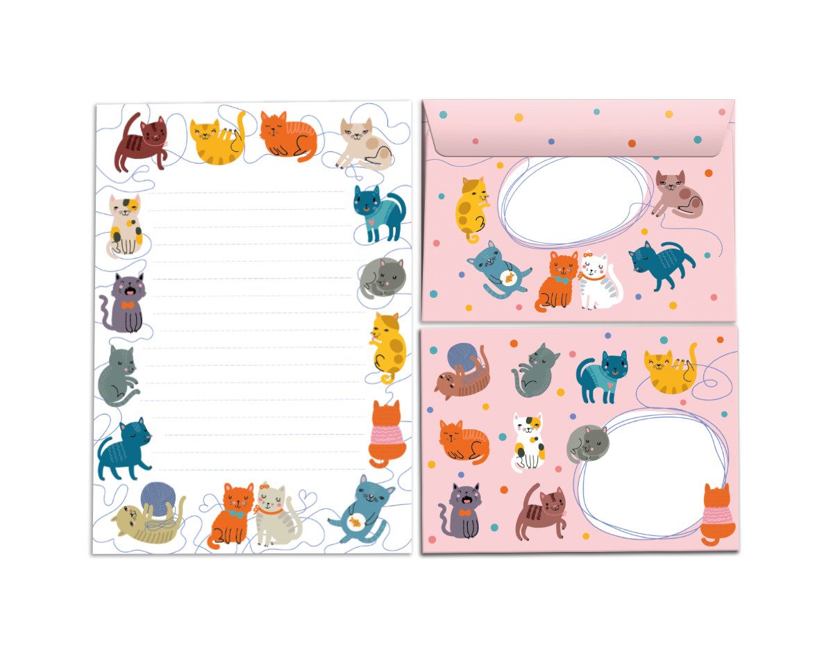 JUNAPACK Канцтовари Set Kinder Briefblock A5 mit Umschlägen Notizblock Папір Katzen rosa, Kinder-Briefpapier A5 mit 15 Umschlägen, liniert & leicht beschreibbar