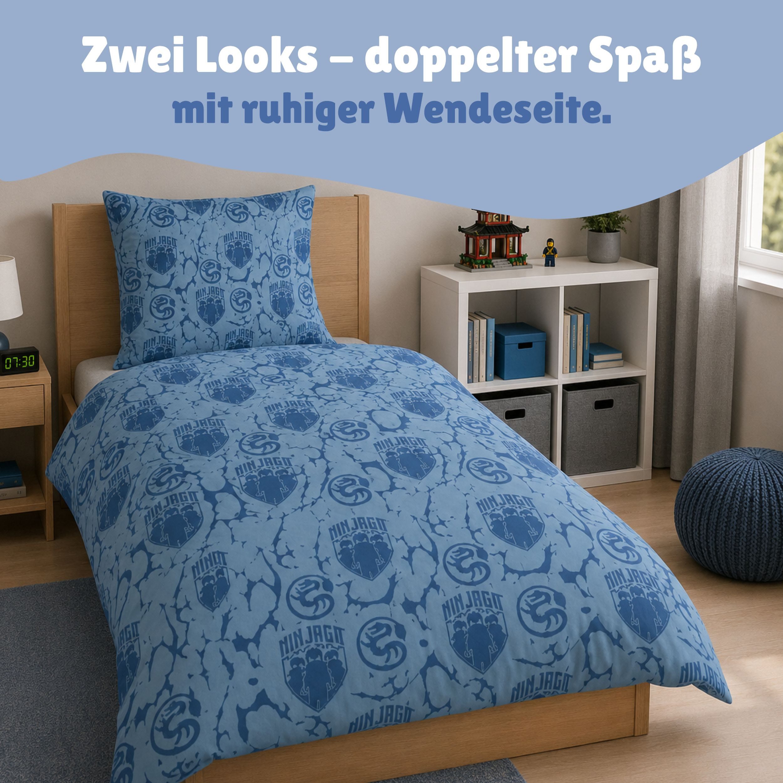 Familando Kinderbettwäsche Lego Ninjago Blau mit Lloyd Jay Kai uvm. aus 100% Baumwolle, Renforcé, 2 teilig, 135x200 80x80cm, Wendebettwäsche – Bild 4 von 5