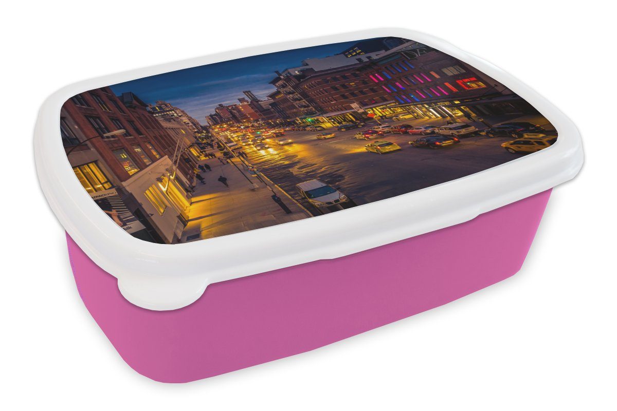 MuchoWow Lunchbox New York - Nacht - Taxi, Kunststoff, (2-tlg), Brotbox für Erwachsene, Brotdose Kinder, Snackbox, Mädchen, Kunststoff rosa