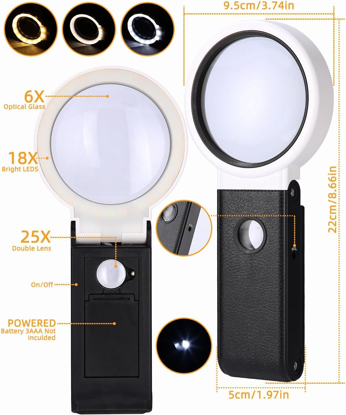 SinLaw Handlupe 25 x LED-Leuchtlupe, faltbare Leselupe mit 18 LED-Licht, 3 Modi, 1-tlg., Dimmbar