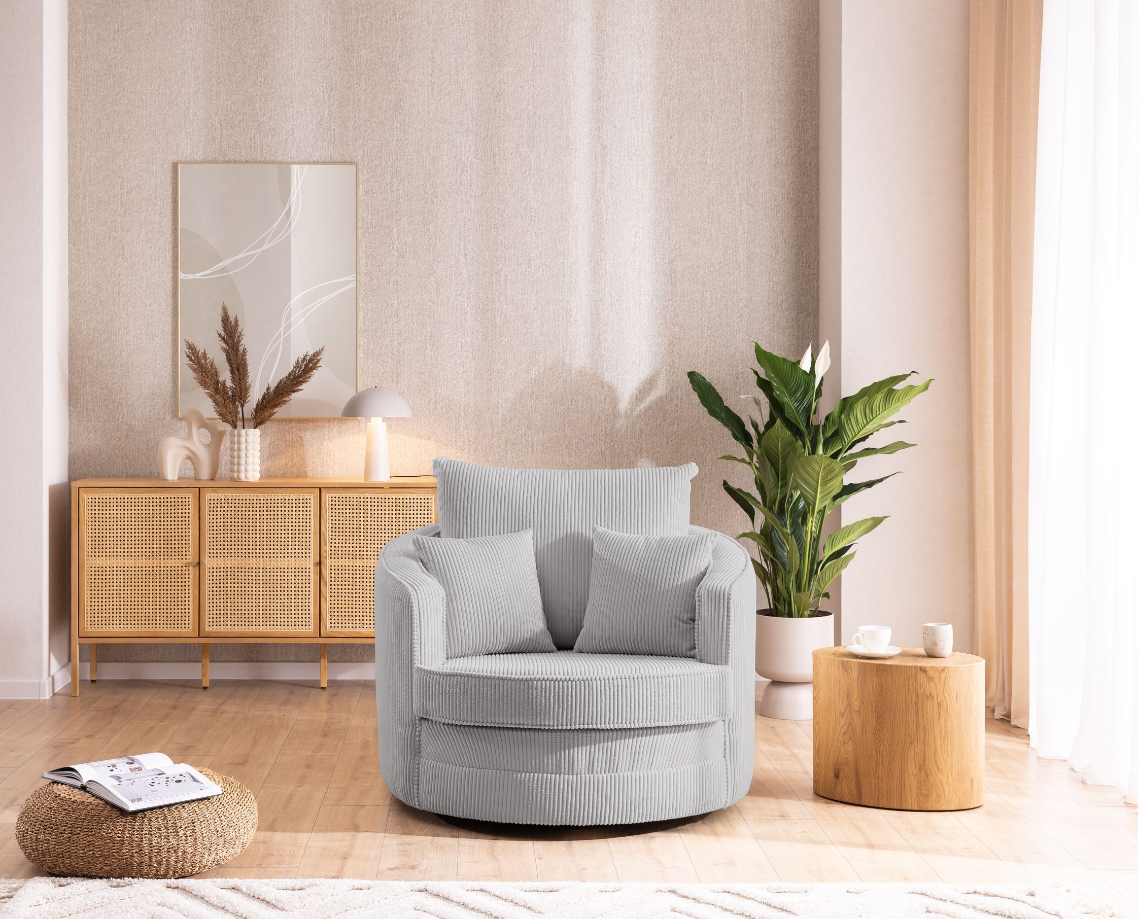 S-Style Möbel Drehsessel Ted Love Seat XXL 360 Grad drehbar aus Cord-Stoff, mit Wellenfederung
