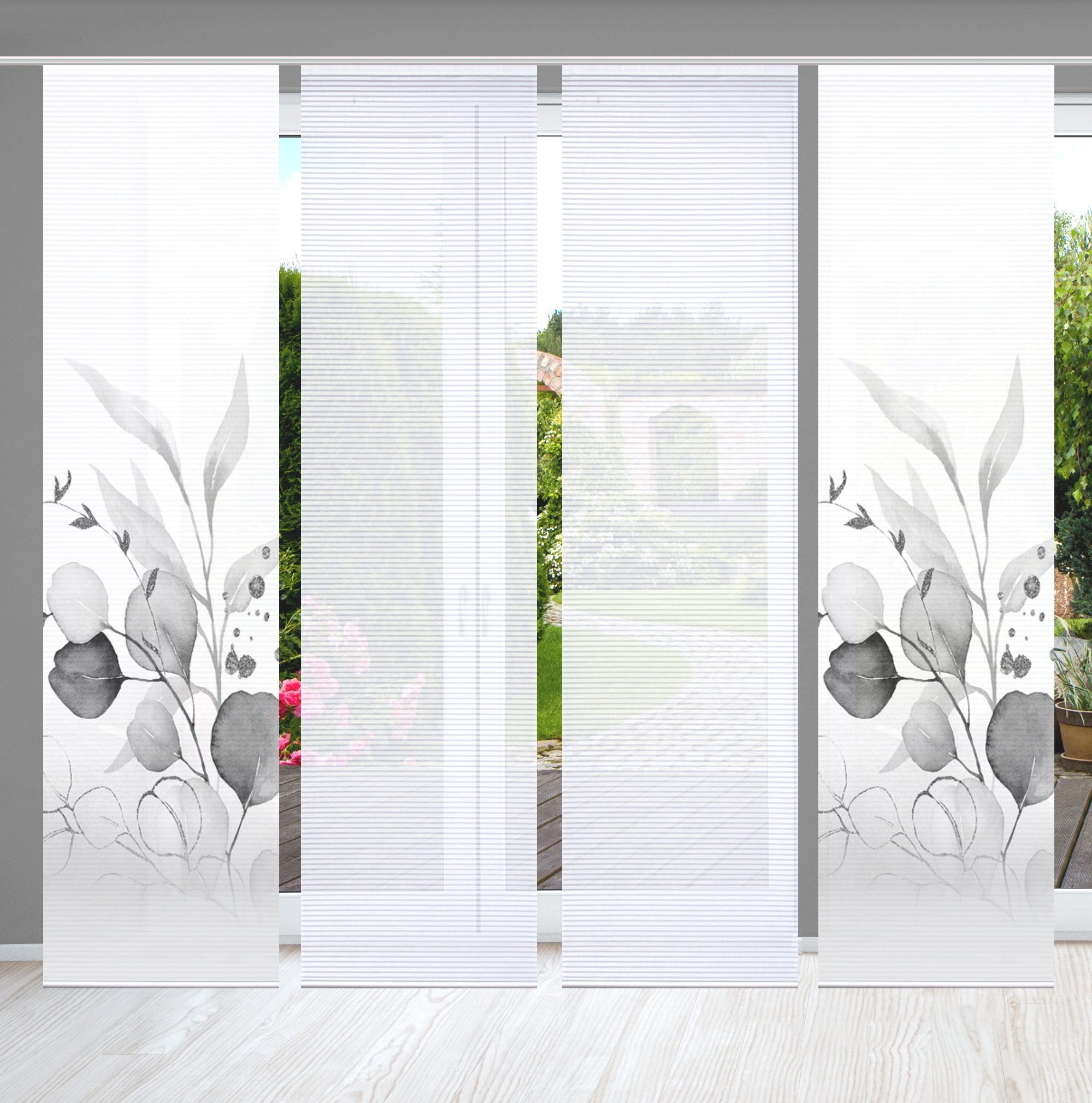 HOME in green Schiebegardine ABANIO (4 St), Paneelwagen, halbtransparent, SET DIGITALDRUCK,BAMBUSOPTIK RECYCELT