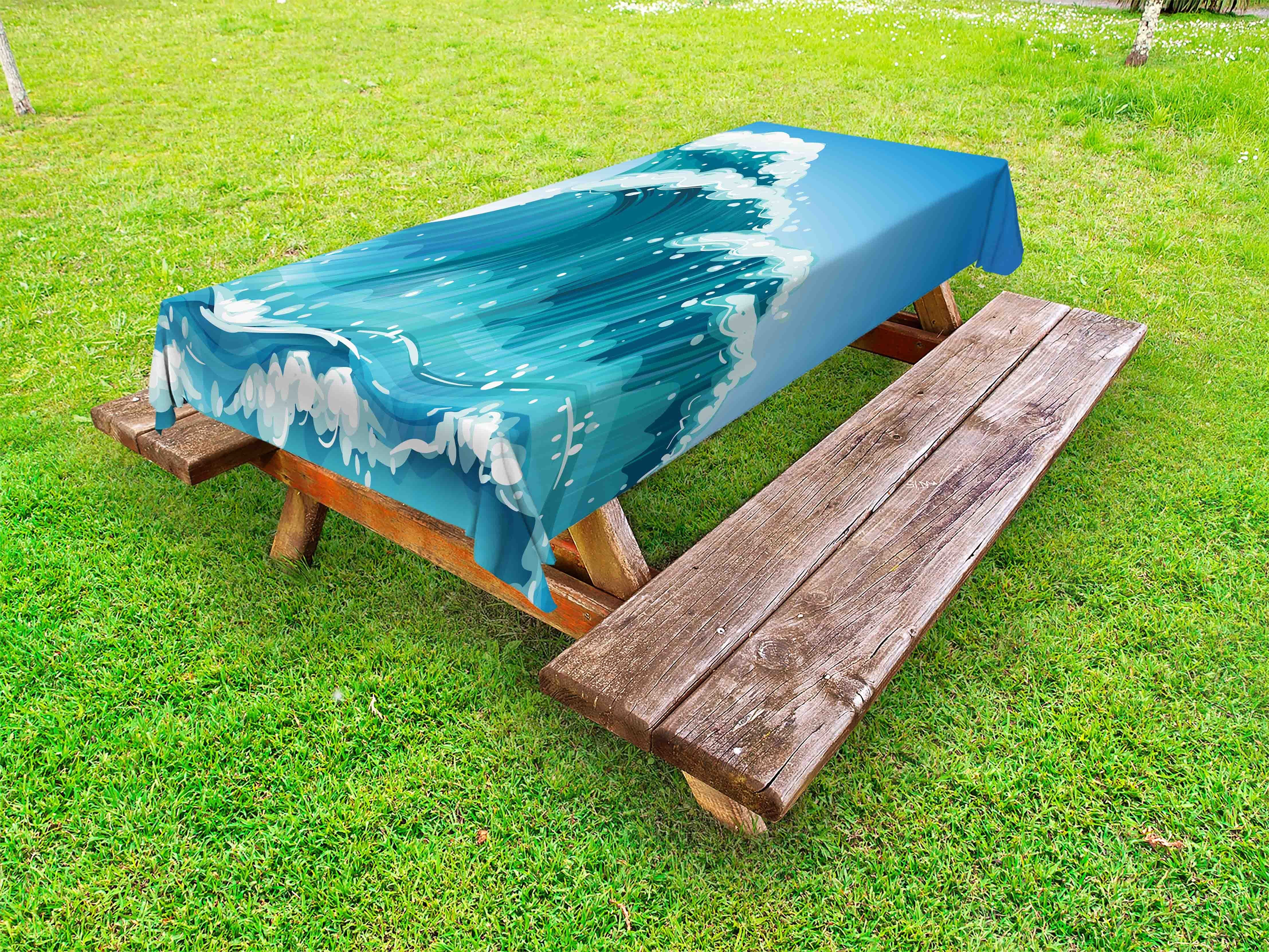 Abakuhaus Tischdecke dekorative waschbare Picknick-Tischdecke, Tsunami Exotische Ozean-Wellen-Karikatur