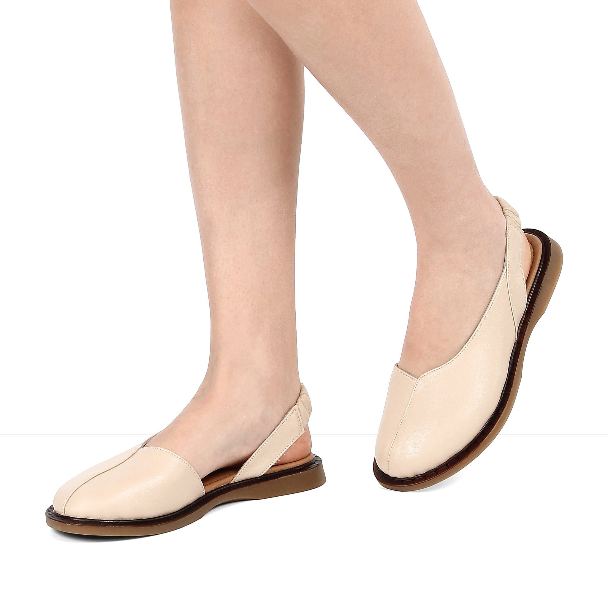 Celal Gültekin Flache Slingback Ballerina Runde Kappe Damen Ballerina Glattleder, elastischer Slingback, Echtleder-Futter, Beige, 38