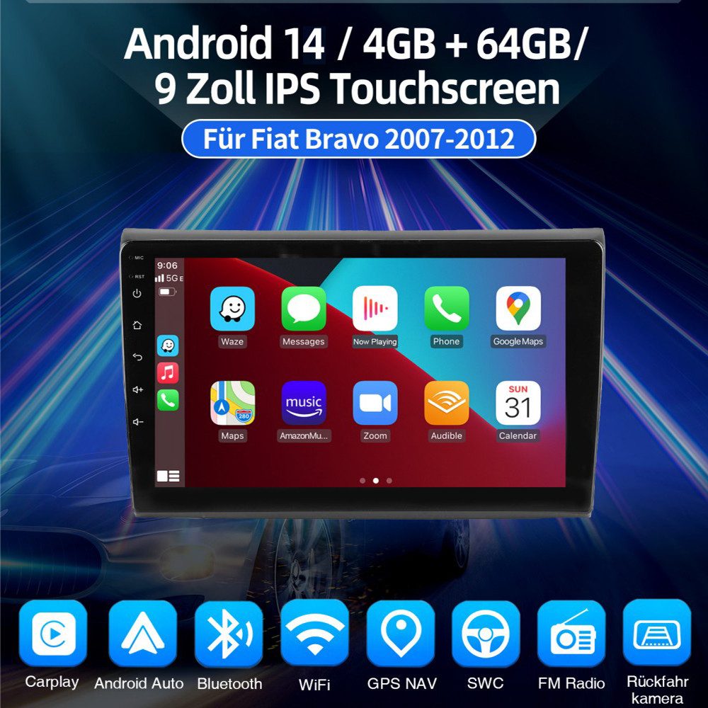 ESSGOO DAB+ 64G Android 15 2 DIN Für Fiat Bravo II 2007-12 Carplay GPS Navi Autoradio (4+64GB(optional), DAB+ (optional), Apple Carplay & Android Auto Bluetooth, WiFi, FM, RDS)
