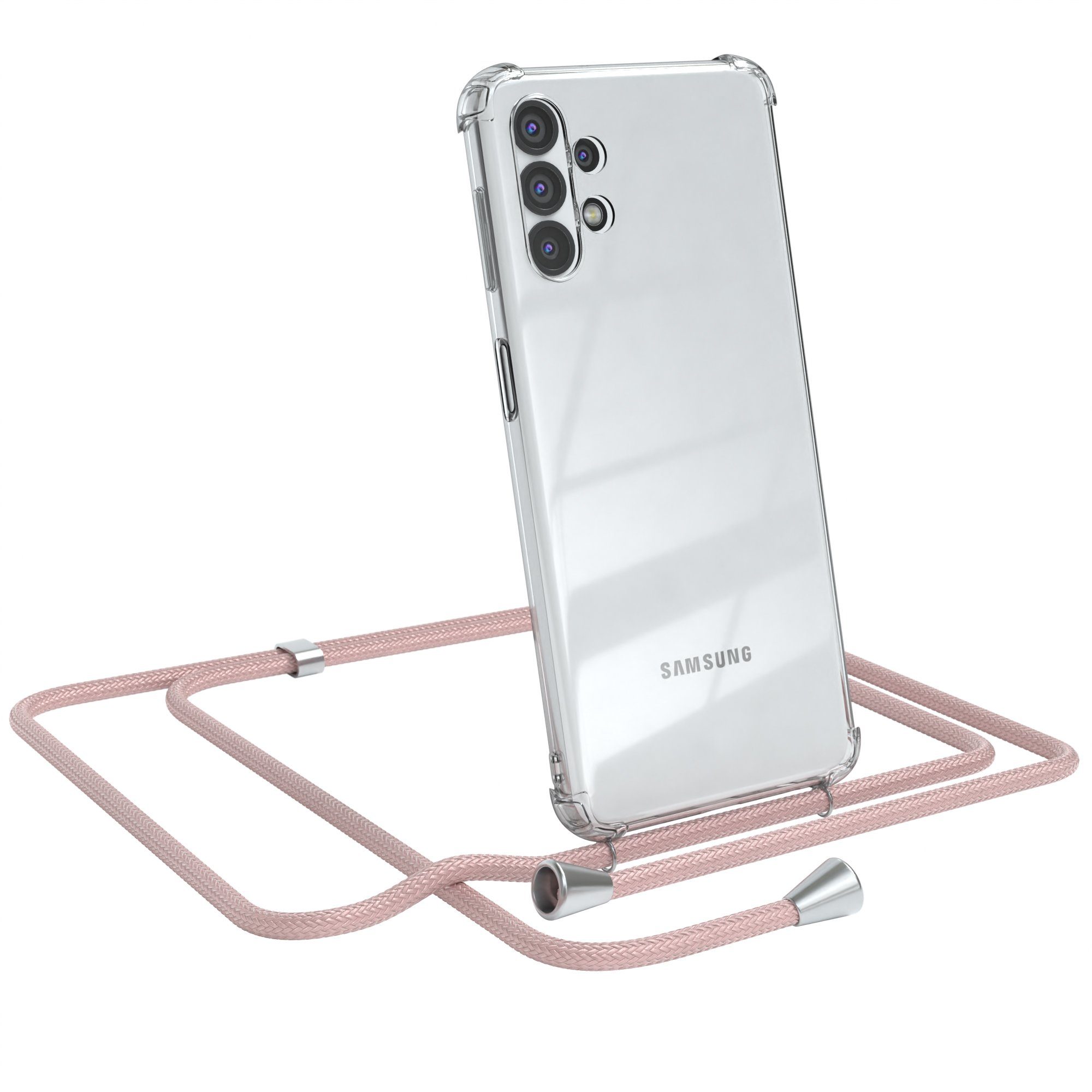 EAZY CASE Handykette Hülle mit Kette für Samsung Galaxy A32 5G 6,5 Zoll, Slimcover Festival Hülle Band Handyketten Umhängehülle Altrosa Rosé