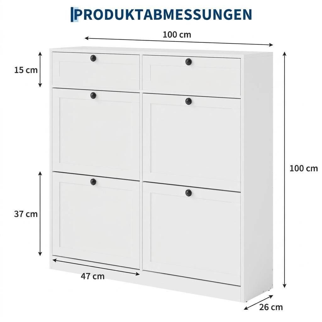 GarveeMore Schuhschrank mit 4 Klappen und 2 Schubladen, Schuhkipper Schuhregal 100x26x100cm – Bild 3 von 5