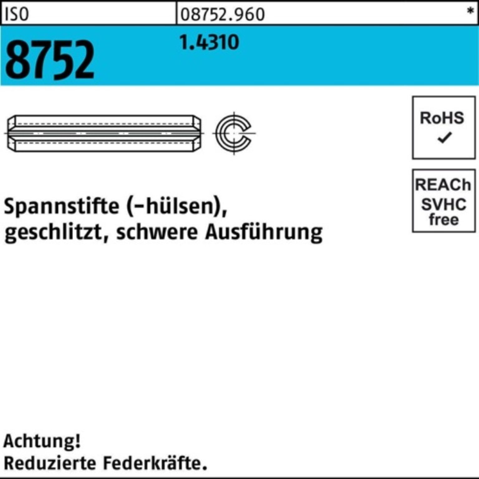 Reyher Spannstift 12 Ausf. 1.4310 100er geschlitzt Pack Spannstift schwere 10x 8752 ISO