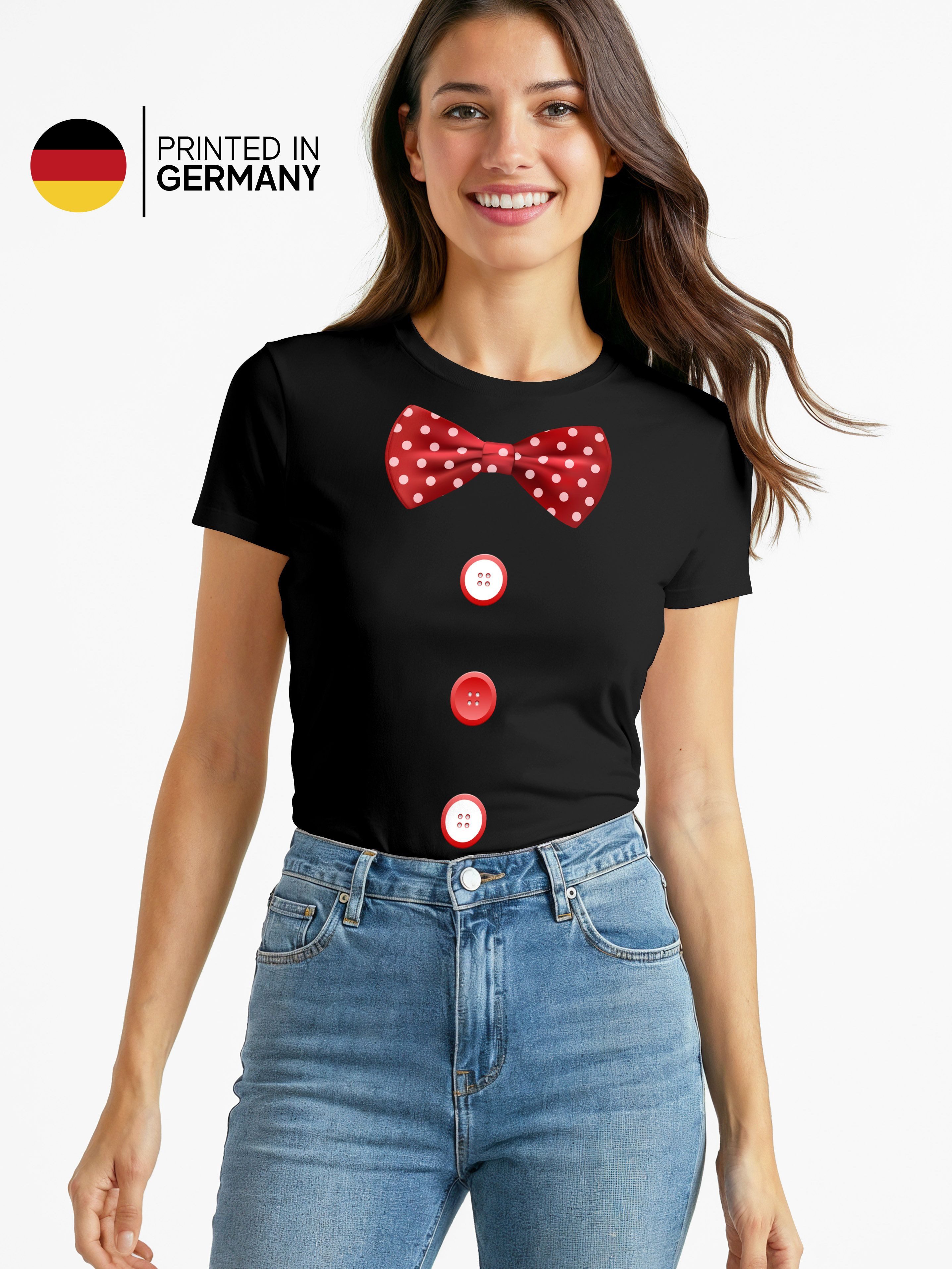MoonWorks Print-Shirt Damen T-Shirt Fliege Knöpfe Schleife Clown Fasching Fastnacht mit Print