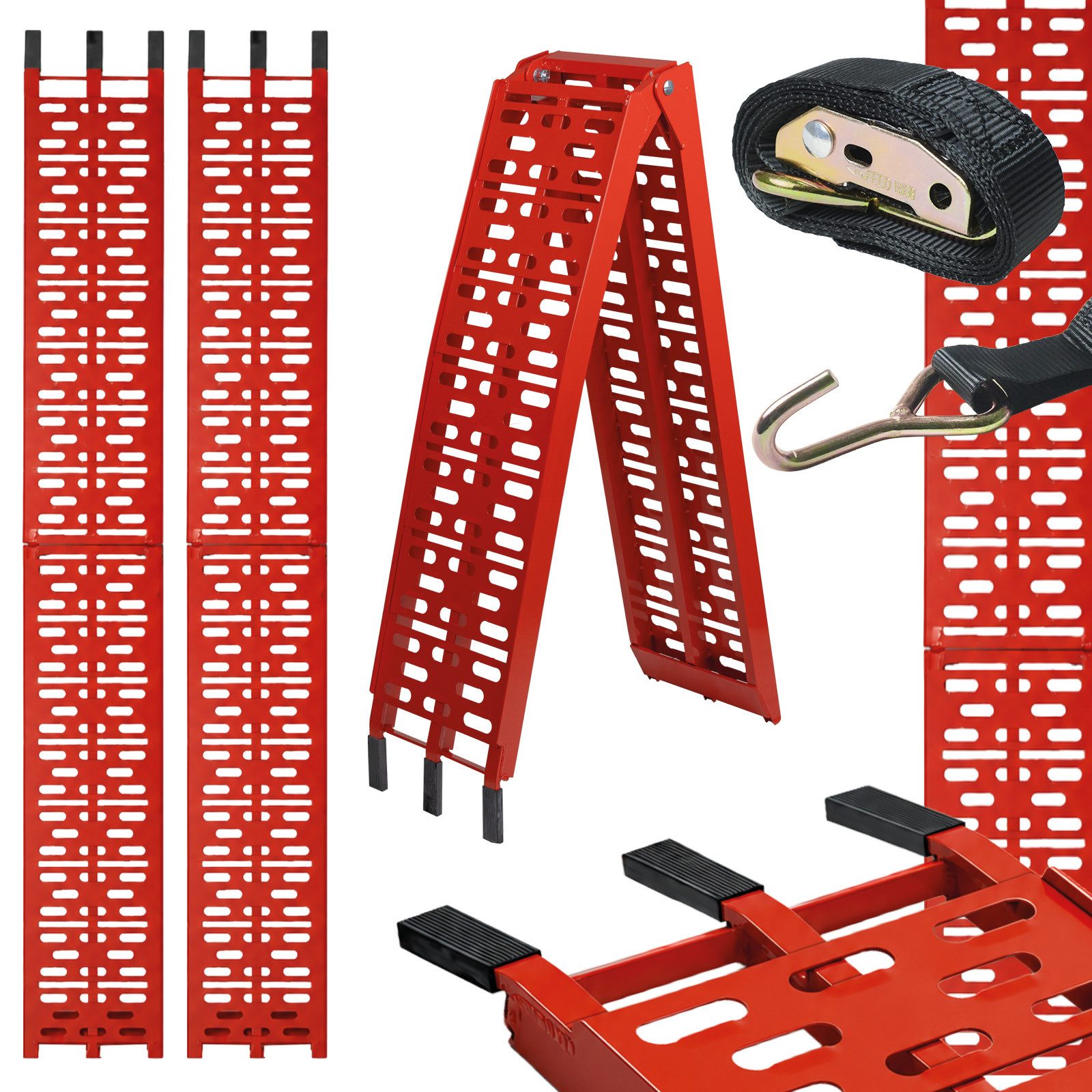 TRUTZHOLM Auffahrrampe klappbar 228 cm Tragkraft 680 kg Alu gelocht Motorradrampe rot 2x (2-St., Inkl. 2x Spanngurt), stabile Konstruktion, hochwertige Verarbeitung, kompakte Bauweise