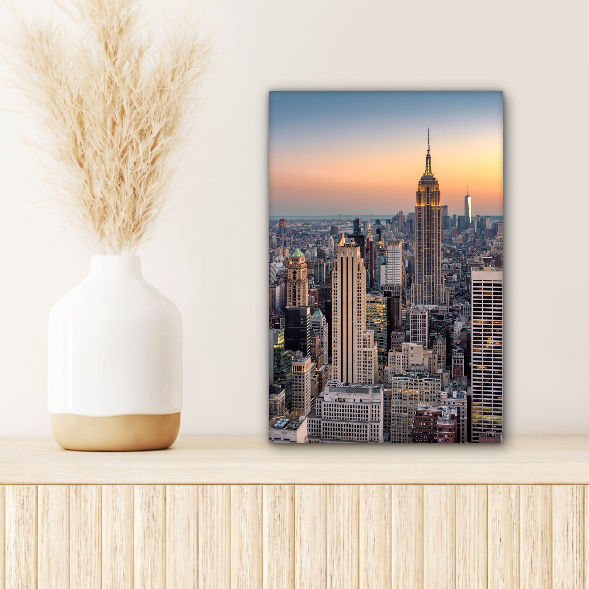 (1 cm Gemälde, OneMillionCanvasses® Skyline, Zackenaufhänger, Leinwandbild inkl. fertig New - bespannt 20x30 Leinwandbild Sonne - York St),