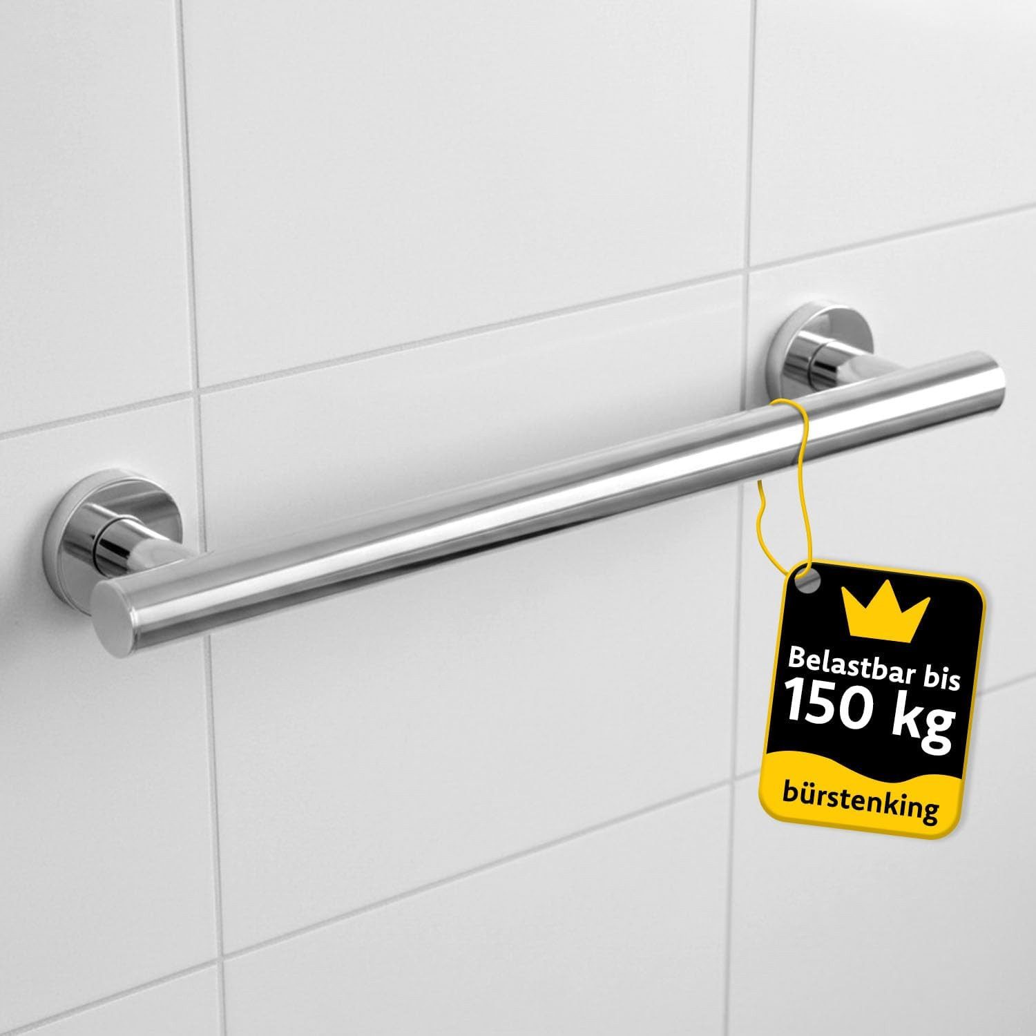 Bürstenking Badewannengriff Haltegriff Dusche Duschgriff Senioren 400 mm Bad & Wannengriff, belastbar bis 150 kg, Chrom aus massivem Messing Ø 32 mm