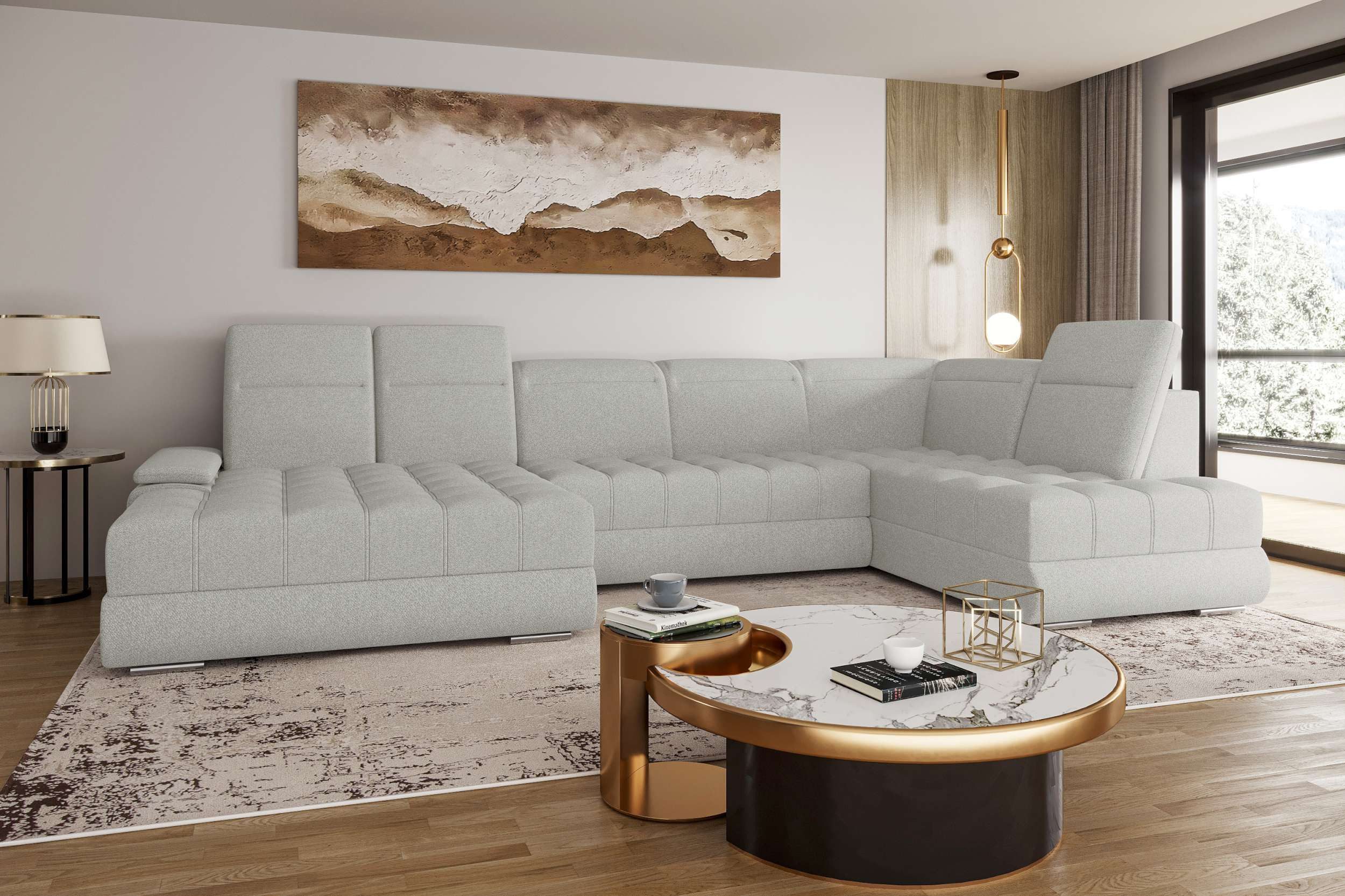 99rooms Wohnlandschaft Toscana, Sofa, U-Form, Rundumbezug aus Strukturstoff NEVE, mit und ohne Schlaffunktion