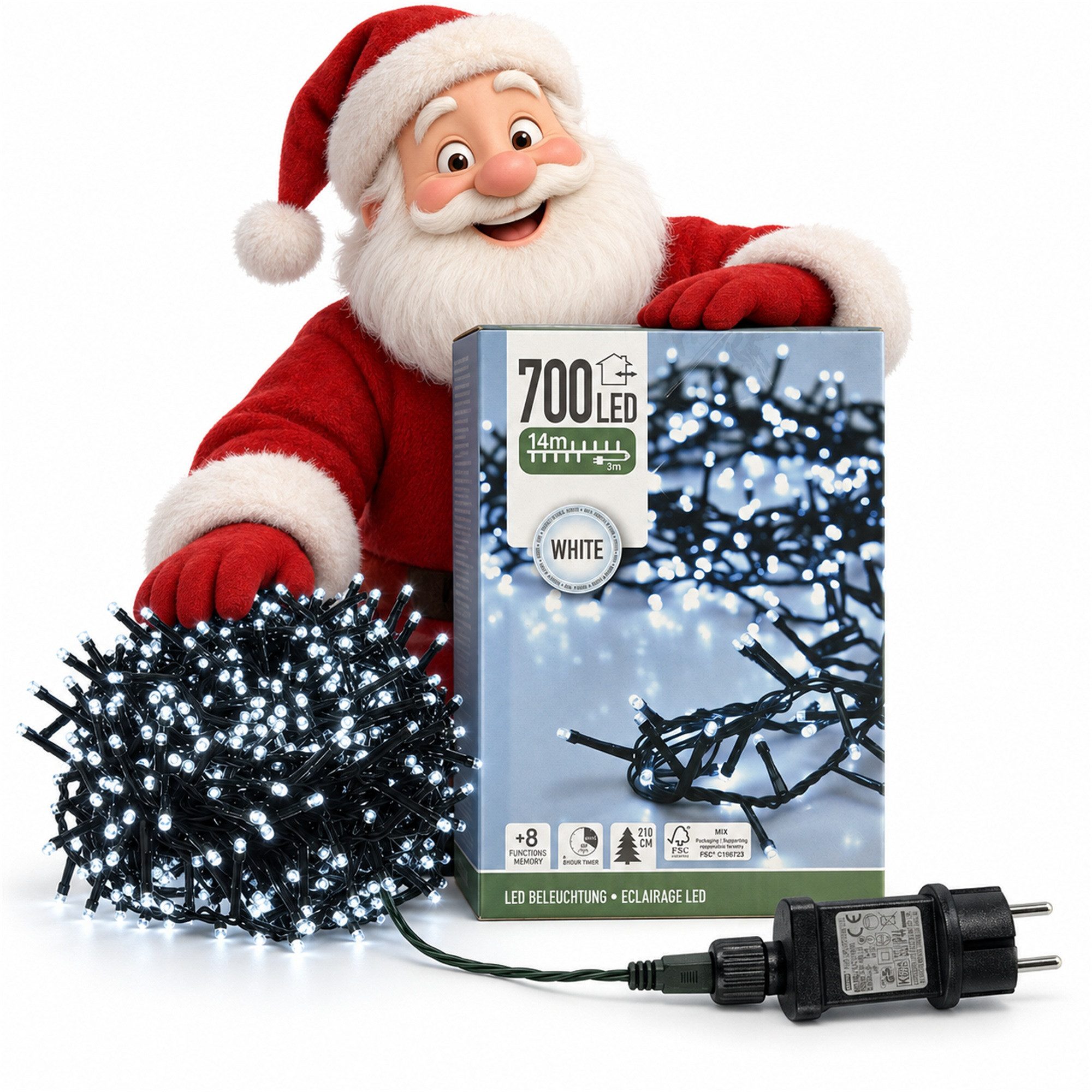 INtrenDU LED-Lichterkette 700 LEDs kaltweiß, 14 m + 3 m Zuleitung, Timer, 8 Lichtprogramme, Memory-Funktion, IP44