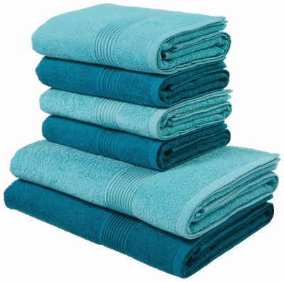 my home Handtuch Set Anna, Walkfrottee, (Set, 6-tlg), gestreifte Bordüre, Handtuch-Set, Handtücher aus 100% Baumwolle