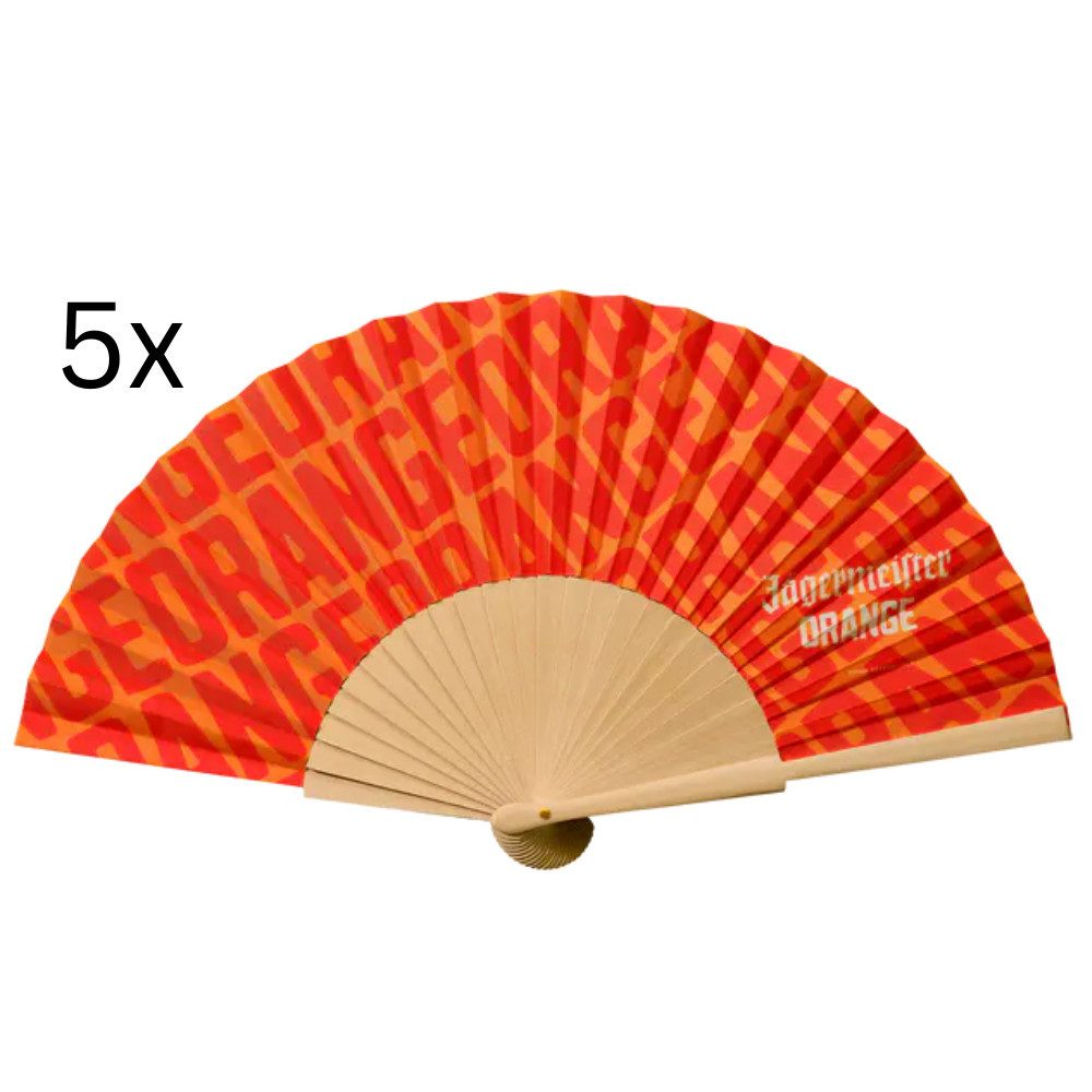 Jägermeister Handfächer Orange Fächer 5er Set – Original Faltfächer aus Holz & Stoff, (Set, 5-tlg), Festival-, Sommer- & Eventfächer im 5er Set