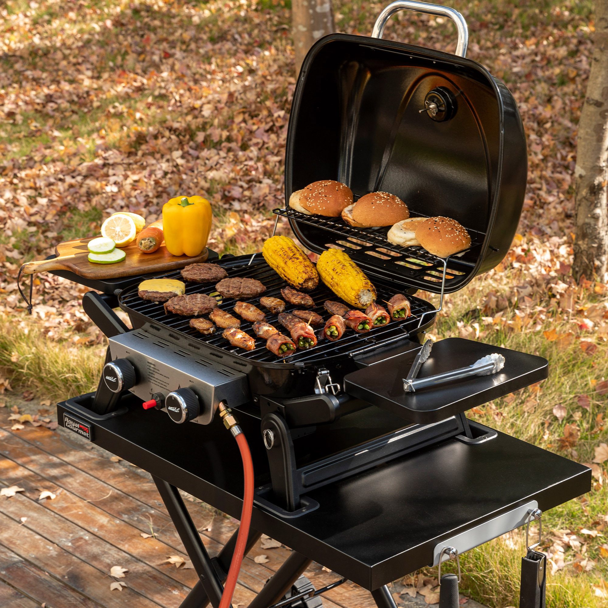 Royal Gourmet Gasgrill 2-Brenner Tragbarer Gasgrill, 5 kW Tischgrill, mit klappbaren Seitentischen, portabler BBQ Grill für Balkon, Schwarz