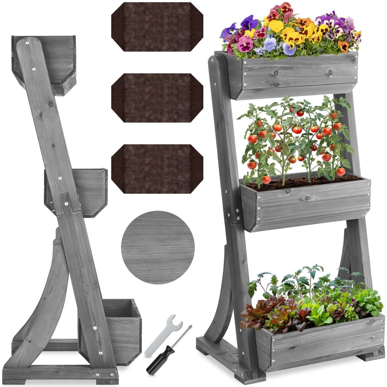 tectake Blumentopf Vertikalbeet mit 3 Etagen aus Tannenholz, wetterfest (Pflanzkasten Flora, in Grau), platzsparendes Design für Balkon, Terrasse oder Garten