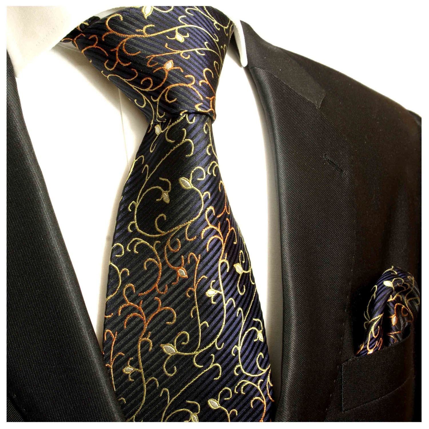 Paul Malone Krawatte Herren Seidenkrawatte mit Tuch modern floral 100% Seide (Set, 2-St., Krawatte mit Einstecktuch) Schmal (6cm), schwarz blau gold 534