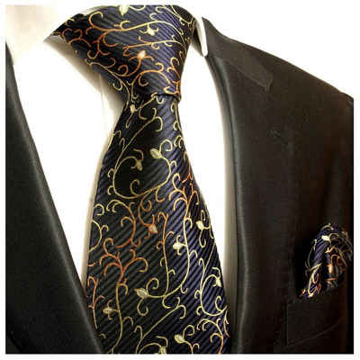 Paul Malone Krawatte Herren Seidenkrawatte mit Tuch modern floral 100% Seide (Set, 2-St., Krawatte mit Einstecktuch) Breit (8cm), schwarz blau gold 534