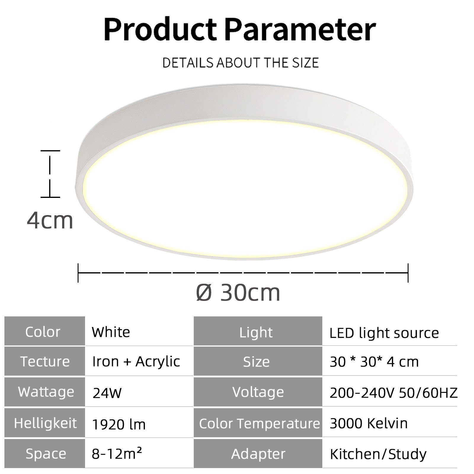 Ø30*4cm, Deckenlampe Schlafzimmer für Warmweiß Leuchte, home Runde LED Deckenleuchte Wohnzimmer 3000K, Weiß, fest style 24W, integriert, Küche