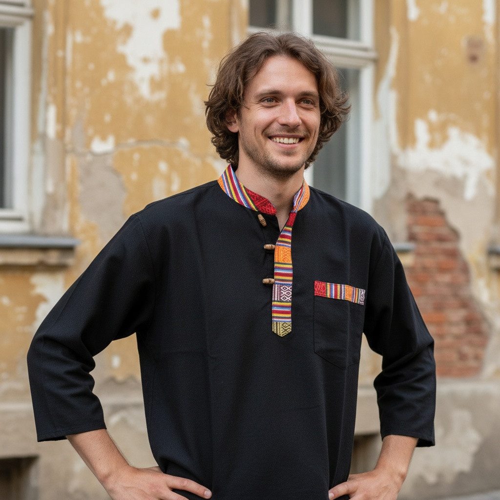 Guru-Shop Hemd & Shirt Nepal Ethno Fischerhemd, Goa Hemd - schwarz Ethno St günstig online kaufen