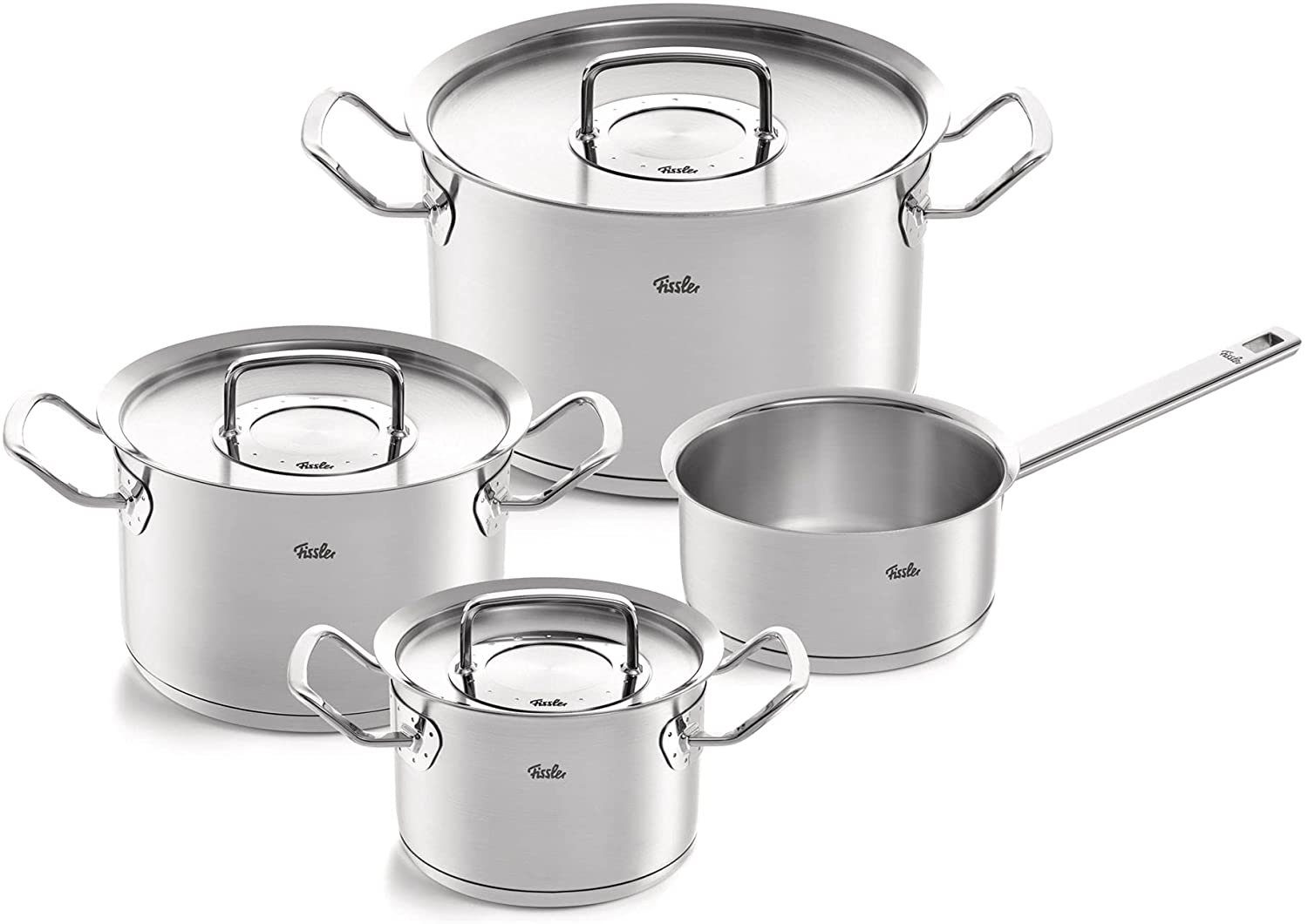 Fissler Topf-Set ORIGINAL-PROFI COLLECTION® Edelstahl-Topfset, Edelstahl 18/10 (4-tlg., 1x Kochtopf Ø 20 cm, 1x Stielkasserolle Ø 16 cm, 1x Pfanne Ø 24 cm), mit breitem Schüttrand, Kaltmetallgriffen. Made in Germany
