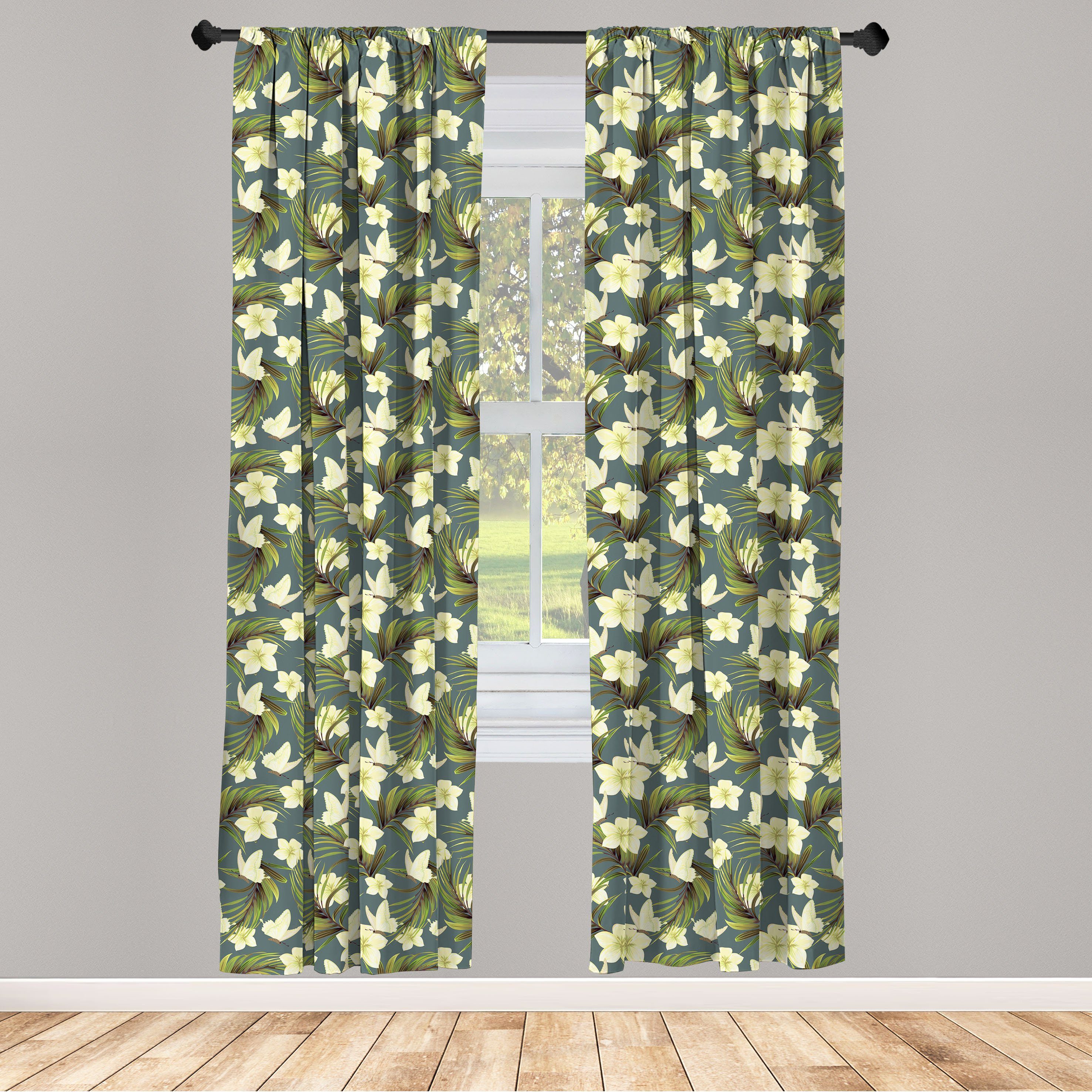 Gardine Vorhang für Wohnzimmer Schlafzimmer Dekor, Abakuhaus, Microfaser, Blumen Insekten Tropic Palmblätter