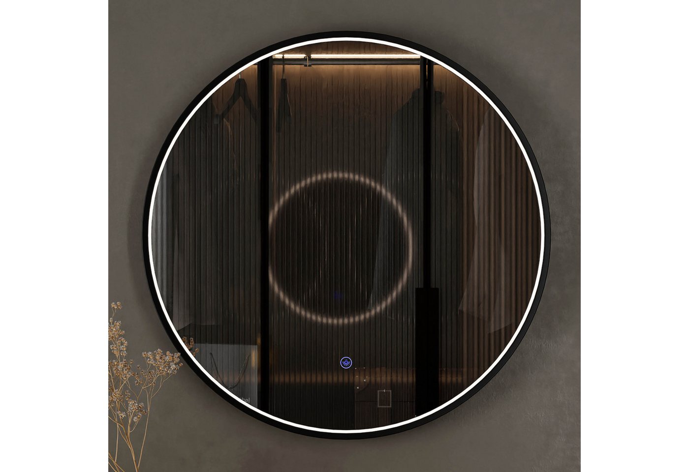 Planetmöbel Dekospiegel VELUNA Spiegel mit Beleuchtung 60 - 80 cm mit Rahmen (Dekorativer Wandspiegel mit Rahmen 60 cm, Spiegel mit LED-Licht), Touch-Schalter, Dimmbar 3000-6500k