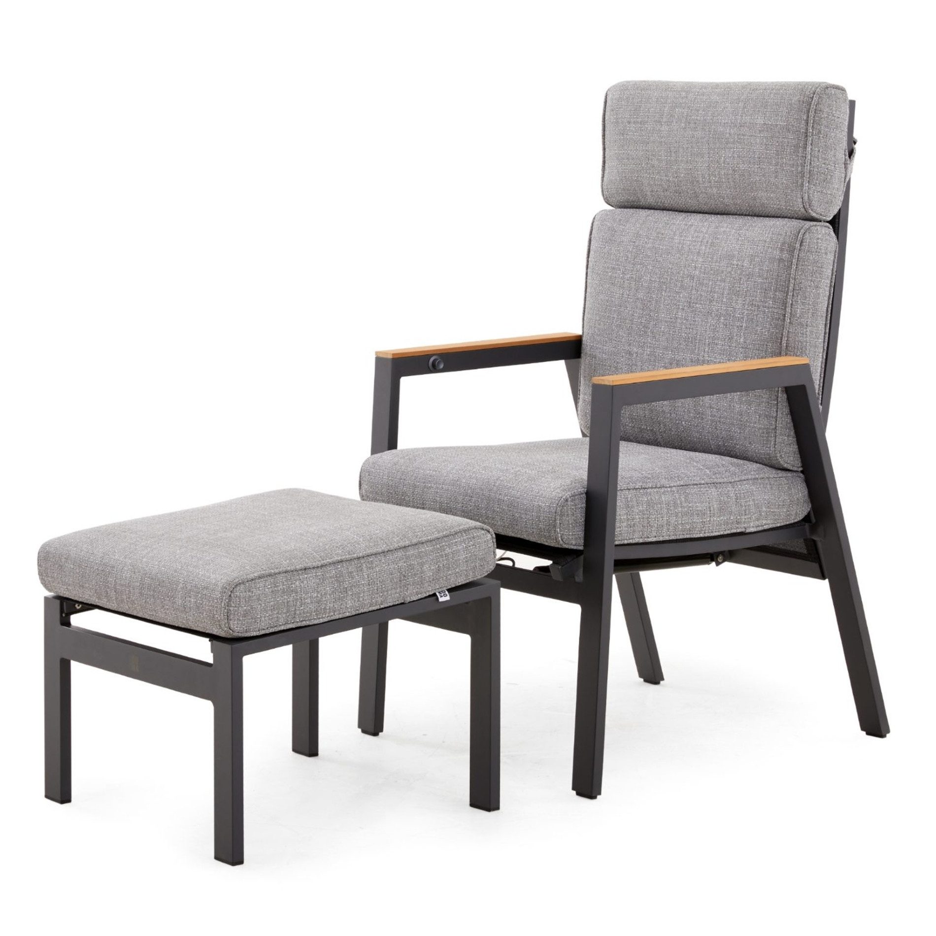 Liadomo Gartenlounge-Set Celano, Gartensessel mit Fußhocker, Relax-Set inkl. Polstern, (Outdoor-Set, 2-tlg), stufenlos verstellbare Rückenlehne, Armlehnen Teak, bequemer Hocker